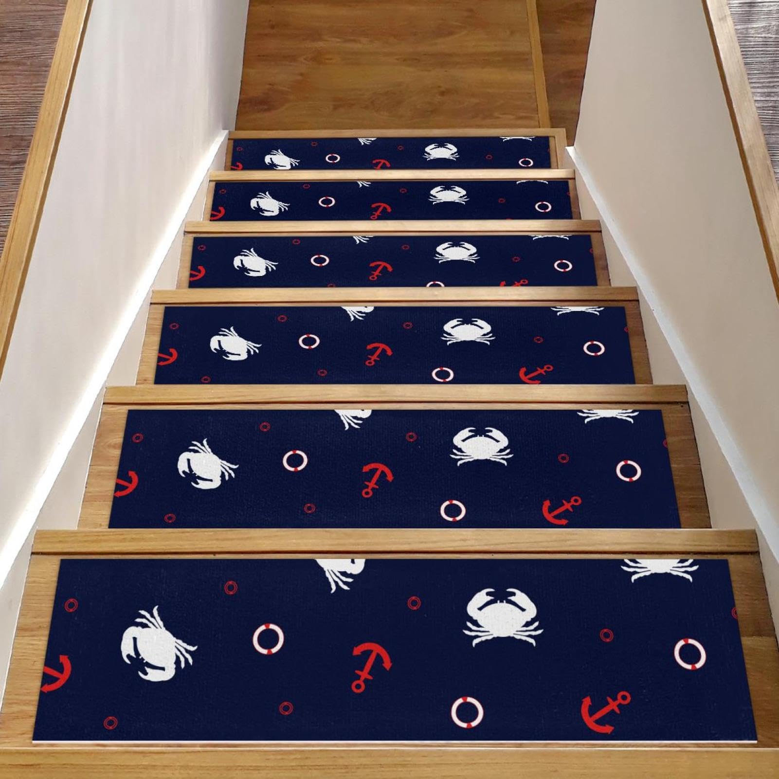 Alfombras lavables para escaleras de madera interiores con diseño de ancla azul marino