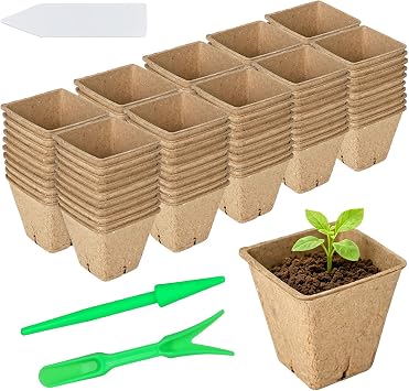 Cultivation Pots 6 x 6 cm, Degradable Seedling Pots 100 cells, Plant Pot Seed Trays with Plant Labels Pulp Seedling Tray, Square Small Paper Pulp Natural for Seedlings, Seeds, Cuttings