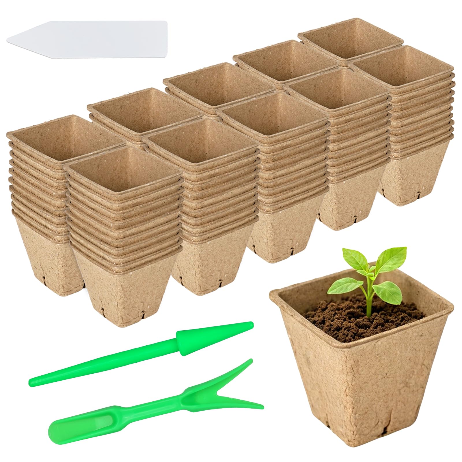 XCRPRT Cultivation Pots 6 x 6 cm, Degradable Seedling Pots 100 cells, Plant Pot Seed Trays with Plant Labels Pulp Seedling Tray, Square Small Paper Pulp Natural for Seedlings, Seeds, Cuttings