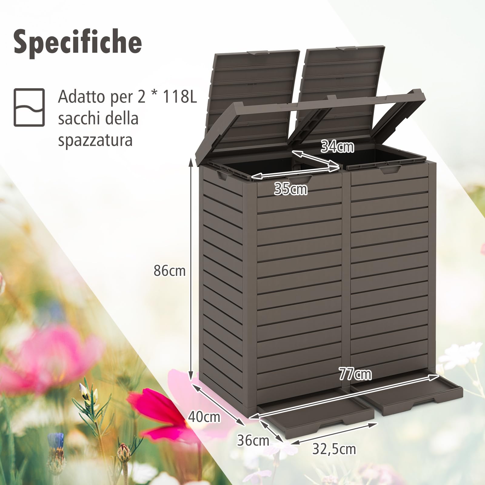 RELAX4LIFE Pattumiera Differenziata Esterno per Giardino a 1 o 2 Scomparti, con Vassoio per Liquidi, Coperchio e Maniglia,in Resina Resist. Intemperie(1, MARRONE, 235L)