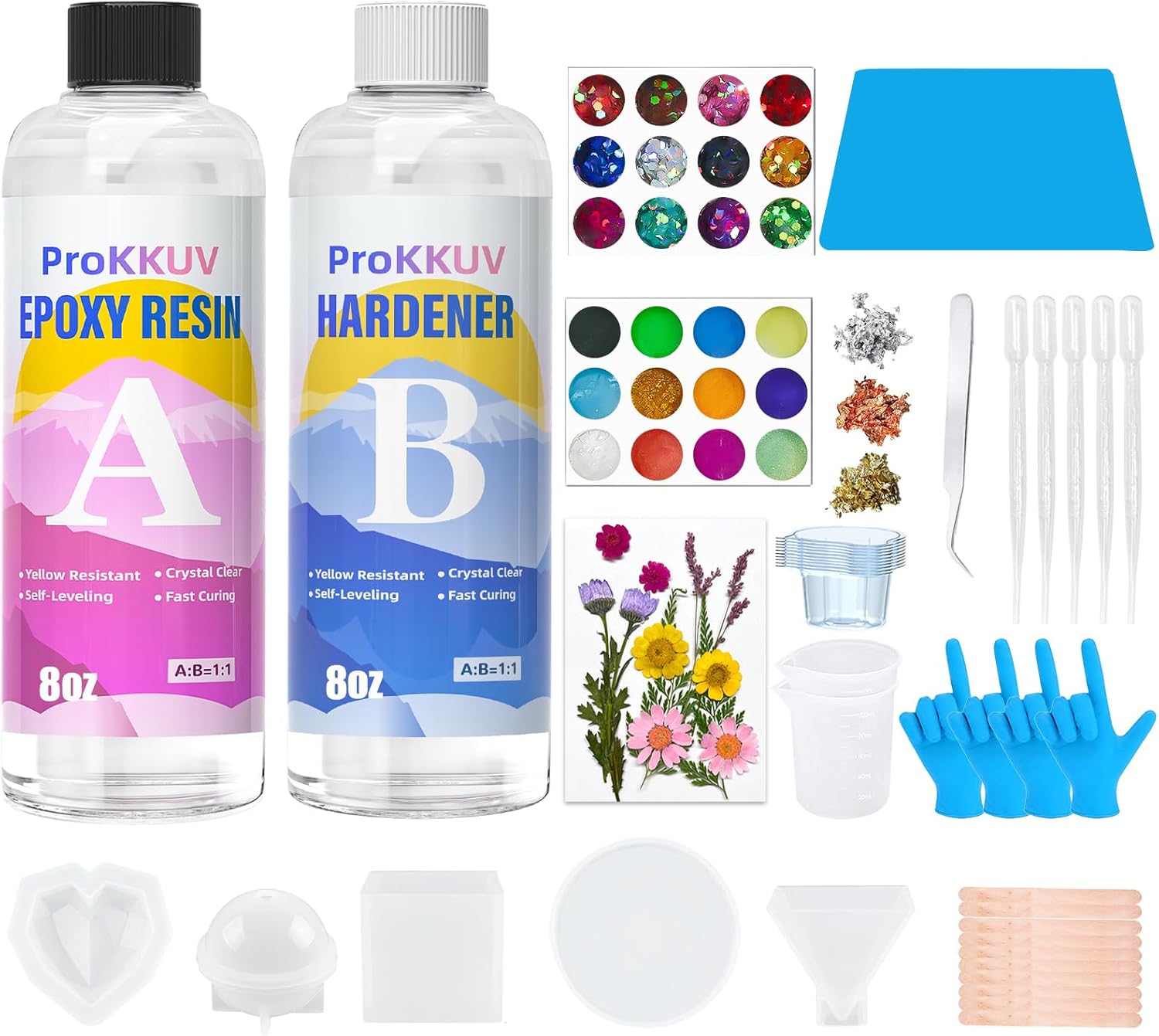 ProKKUV Epoxy Resin Kit for Beginners 16oz Crystal Clear Epoxy Craft Set with Molds & Glitter Complete DIY Resin Supplies for Perfect Starter Kit for Jewelry, Coasters & Creative Gifts