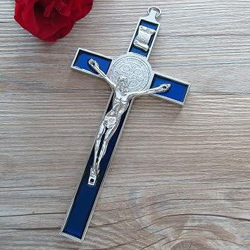 WE St. Benedict Blue Enamel Wall Crucifix Religious Wall Decor 7.5"