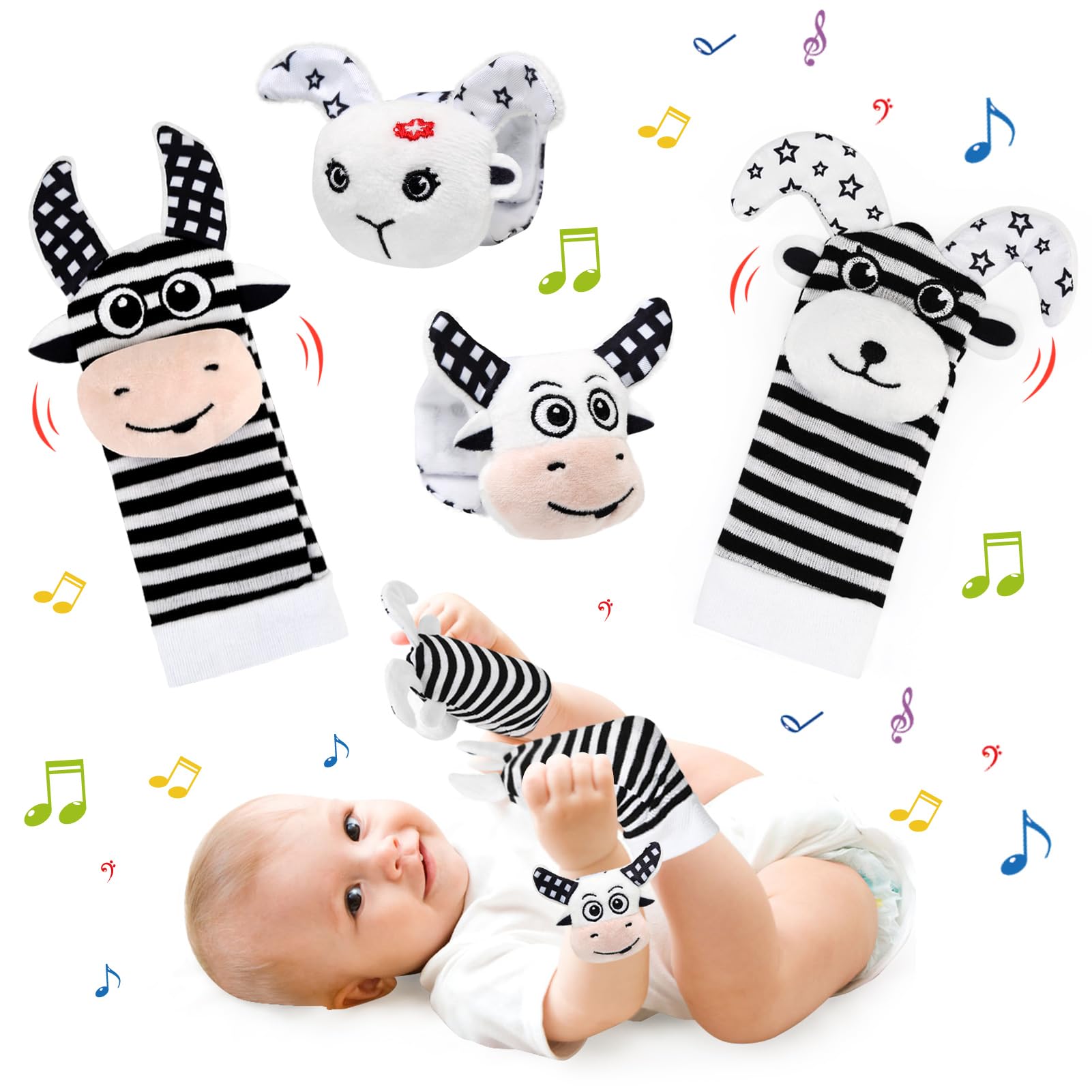 Ballery Sonajeros de Muñeca Bebe Sonajero de Pies y Manos, Calcetines y Muñequeras para Bebé, Sonajeros Blanditos, Regalos para Recien Nacidos y Niño, Cosas Sensoriales para Bebes 0-12 Meses