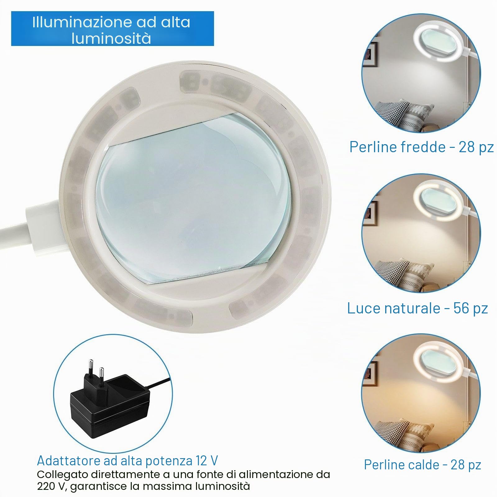8X Lampada con Lente di Ingrandimento, 56 LED Dimmabile Pavimento Lampada di Ingrandimento con 3 Modalità di Colori, 2-in-1 Lupa Lamp da Terra per Lettura Artigianato Cucitura