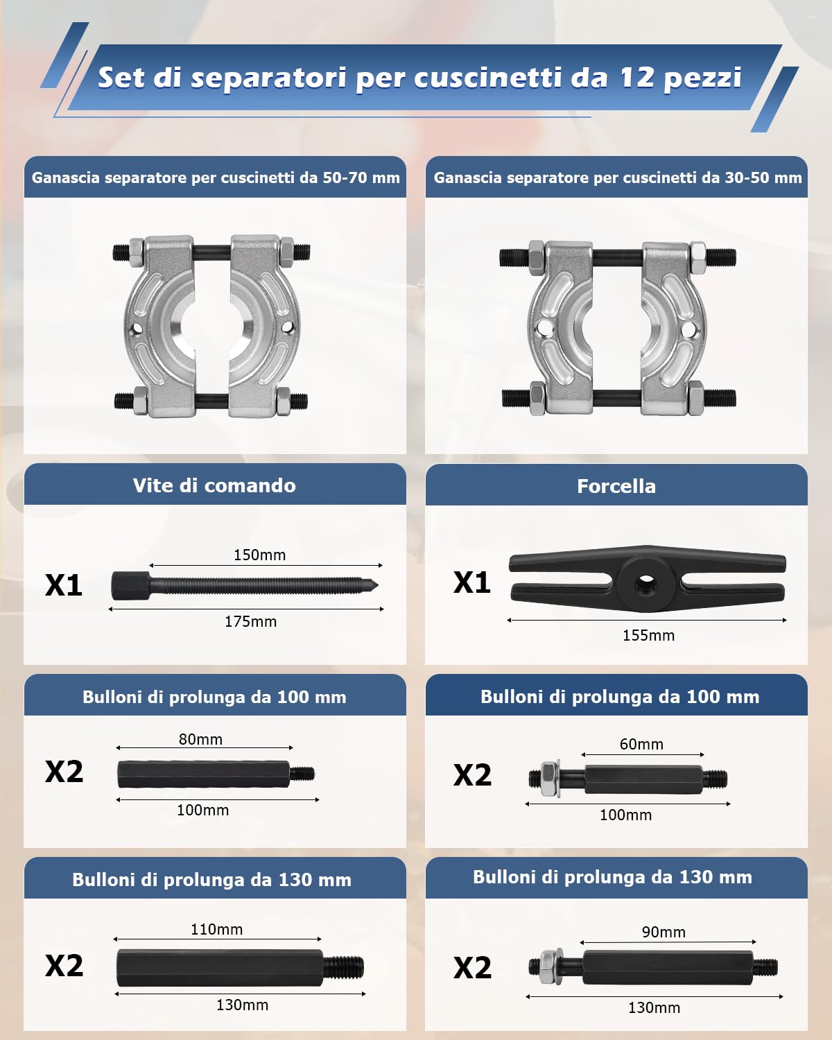 DAYUAN - Set di estrattori e separatori per cuscinetti, 12 pezzi, capacità di 5 tonnellate, kit di estrattori per cuscinetti da 5 cm e 7,6 cm