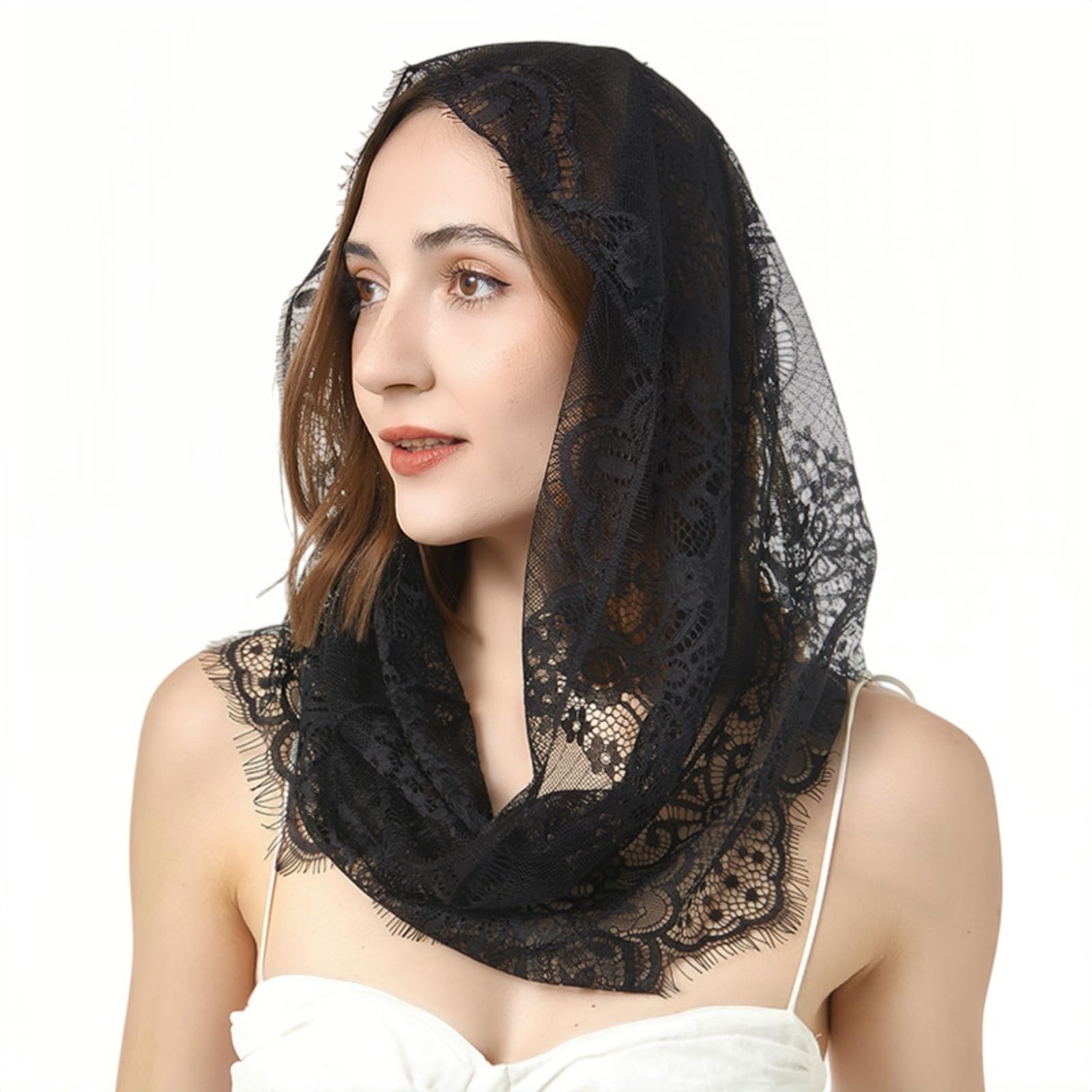 MANJIAMEI Church Chapel Veil Floral Lace Mantilla Mass Veil Shawl Scarf for Bridal Women Catholic Latin Mass Holy Communion Religious Ceremony Wedding, Black