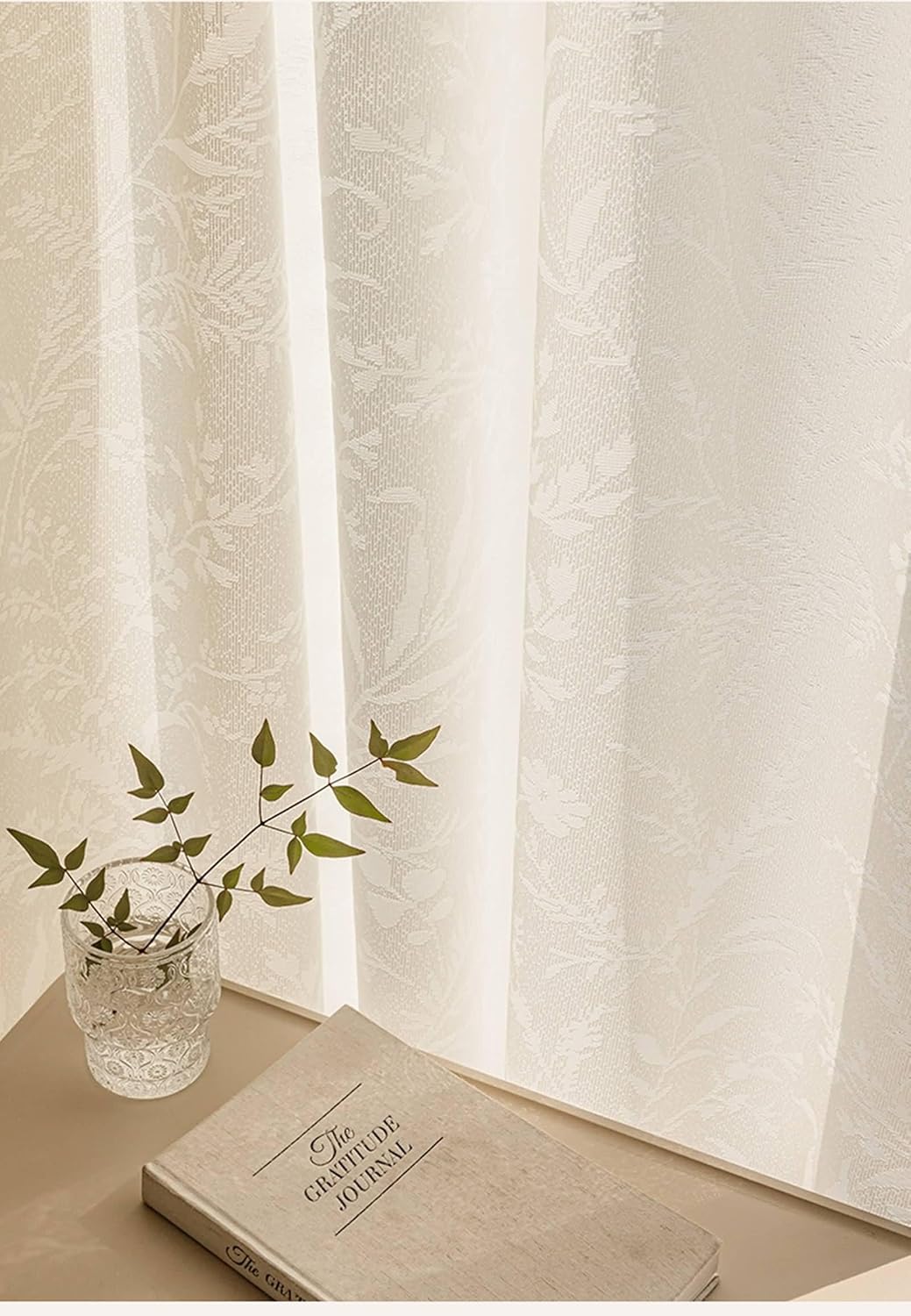 Curtains Voile 2 Panels Set 72 inch Long, Polyester Sheer Curtains Hook Solid Color Jacquard Embossed Flowers Leaves Bedroom Living Room Window Treatments Cream Beige, 52 x 72 Inch