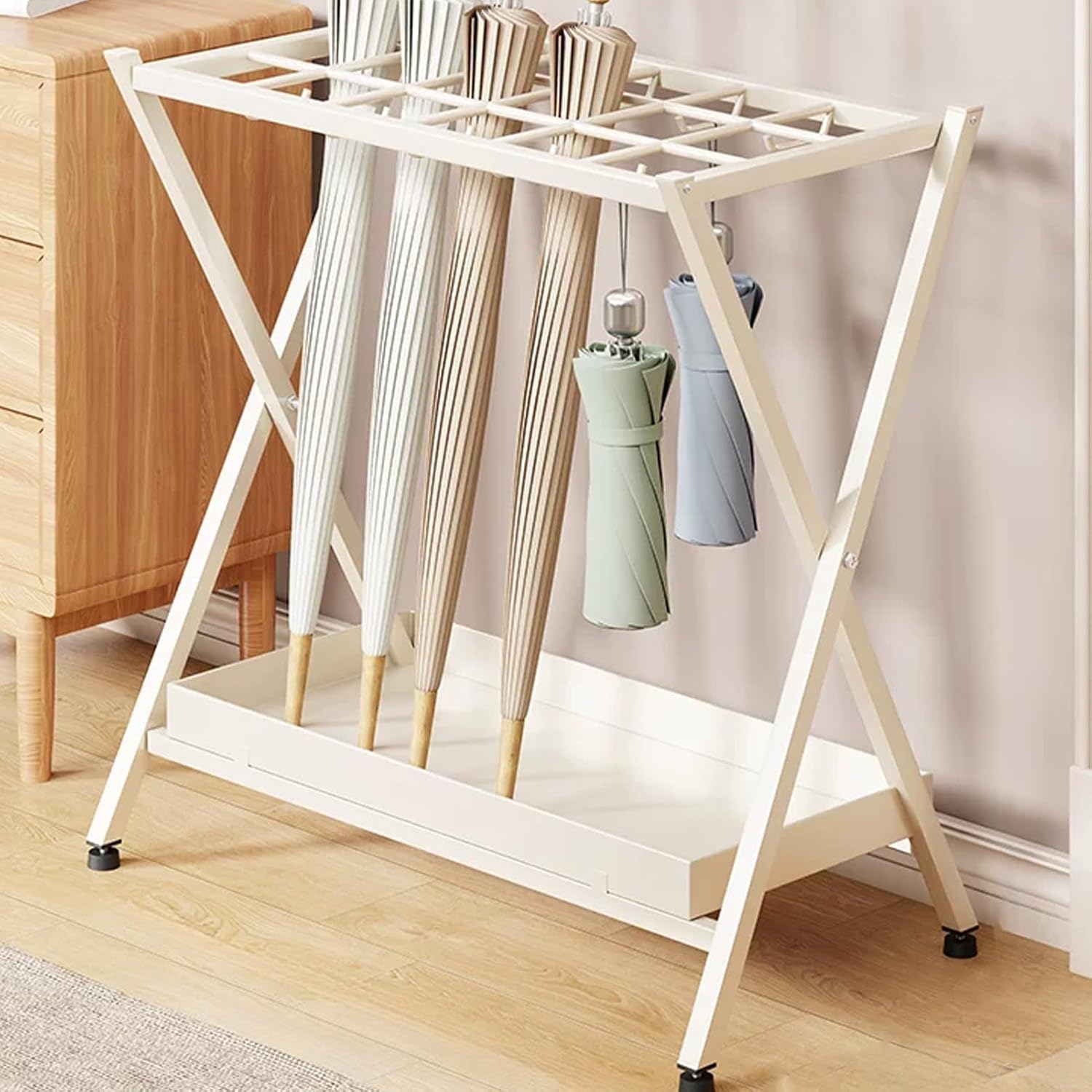 Free Standing Folding Umbrella Holder Rack with Removable Water Collection Tray, Metal Square Organizer for Entryway, Hotel, Home