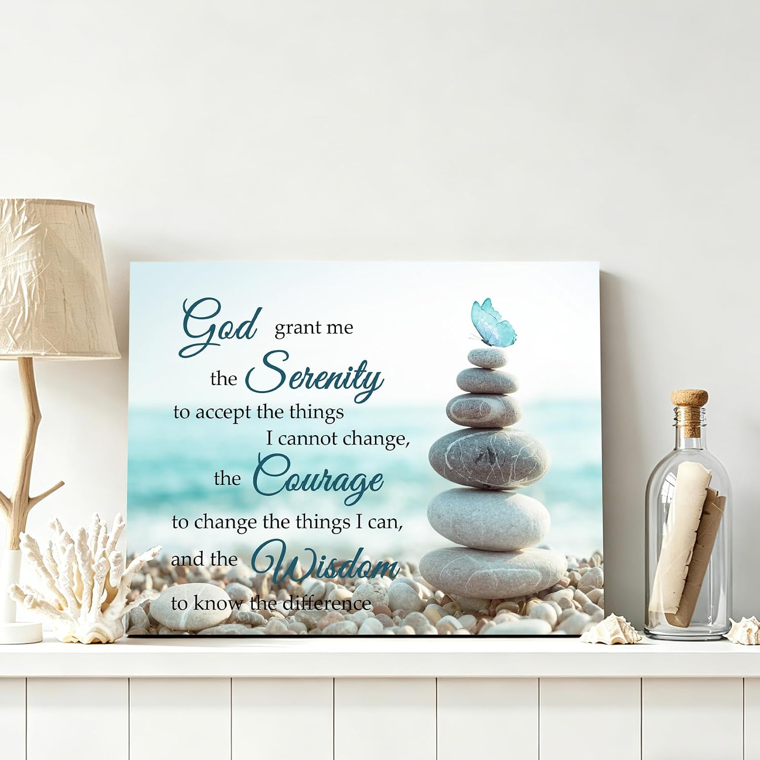 LB Zen Stone Wall Art Teal Butterfly Tropical Coastal Beach Wood Framed Canvas Wall Art Christian Bible Verses Wall Decor Prints Pictures for Bathroom Living Room Bedroom Dorm,16x12 inches image 4