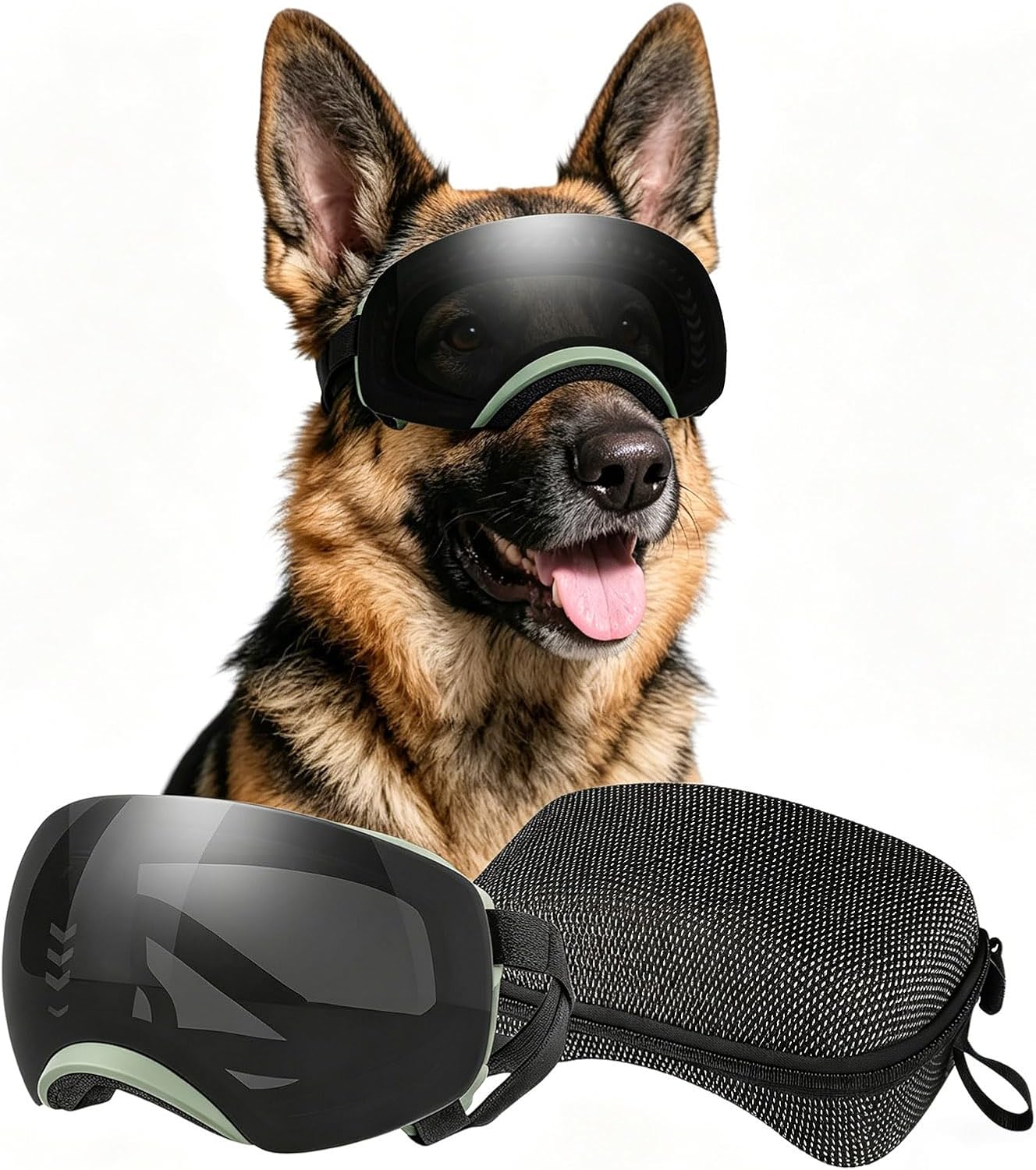 Dog Goggles Large Breed, UV Protection Dog Sunglasses with Magnetic Replaceable Lenses, Windproof Driving Pet Glasses for Medium to Large Breed, Adjustable Straps, Green