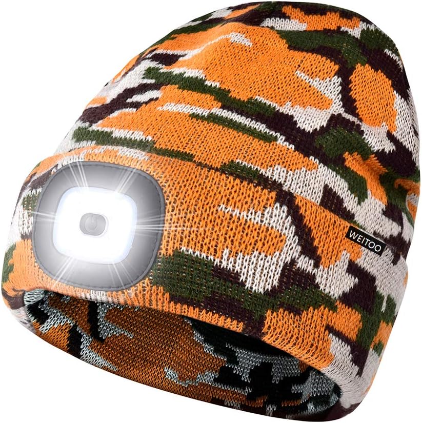 Unisex 4 LED Lighted Beanie Cap, USB Rechargeable Super Bright Hands Free Headlight Torch Hat, LED Hat for Running Hiking,Gifts for Men Dad Him and Women