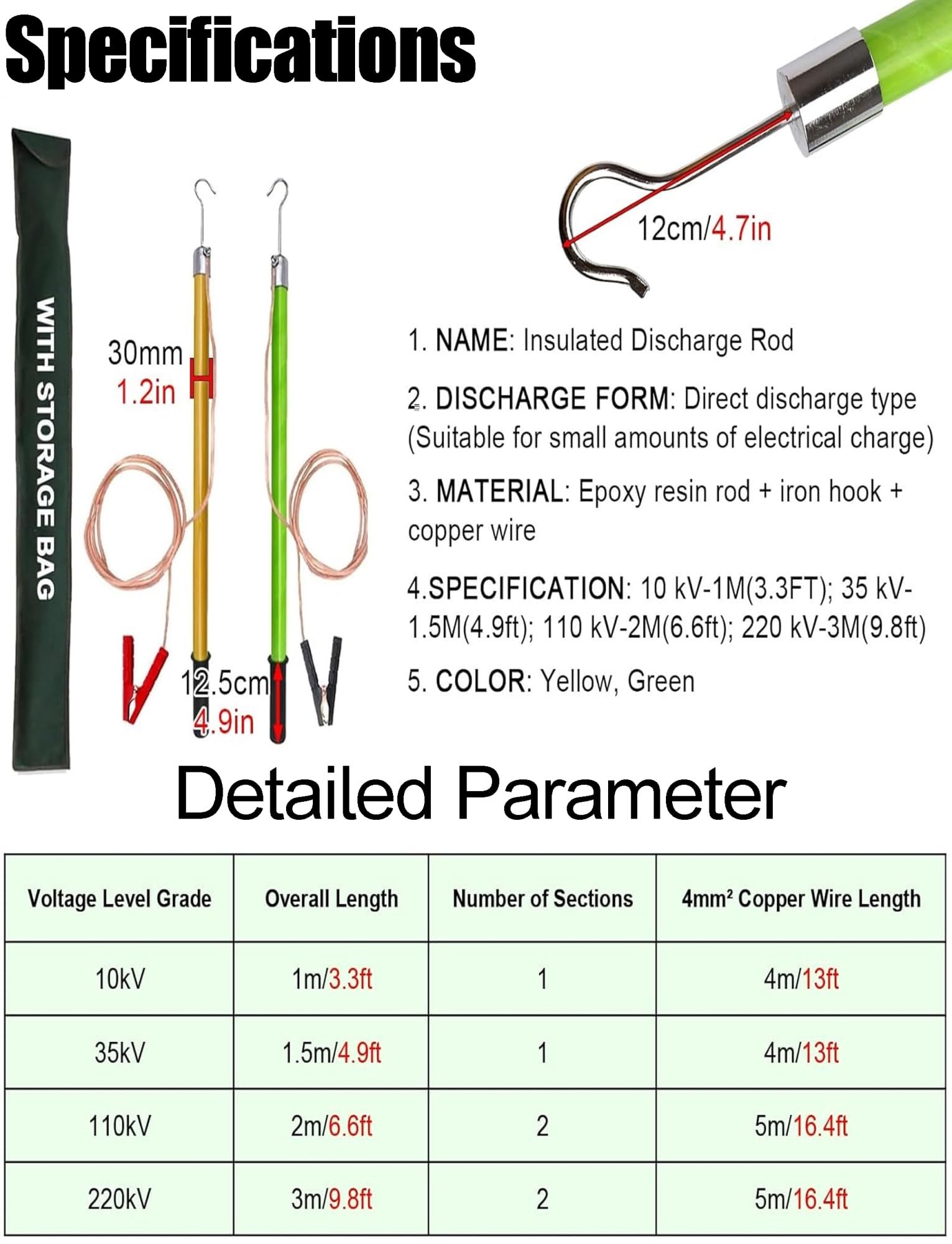 Varilla de descarga de alto voltaje, herramienta aislada de resina epoxi con alambre de cobre, barra de descarga de seguridad eléctrica portátil, tipo de descarga directa