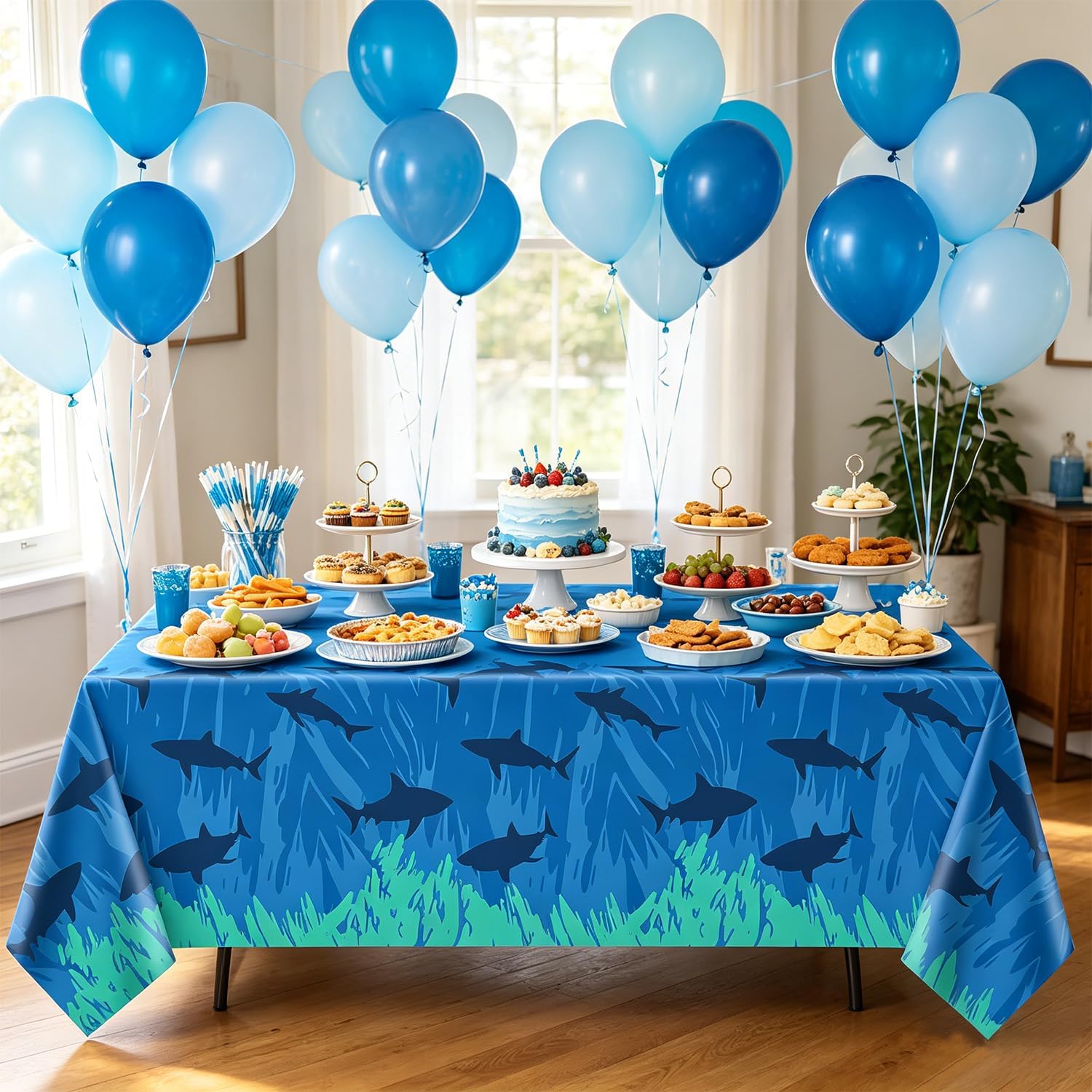 4Pcs Shark Tablecloth Ocean Theme Birthday Table Cover Sea Animal Theme Party Table Cloth Ocean Birthday Supplies Plastic Table Cover Under The Sea Theme Party Decoration