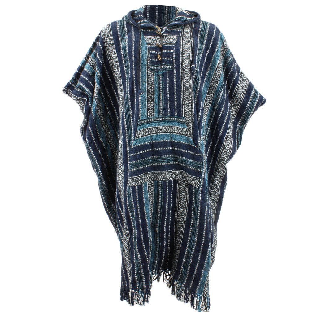 Loud Ponchos Blue & White Woven Cotton Hooded Long Poncho By Loud
