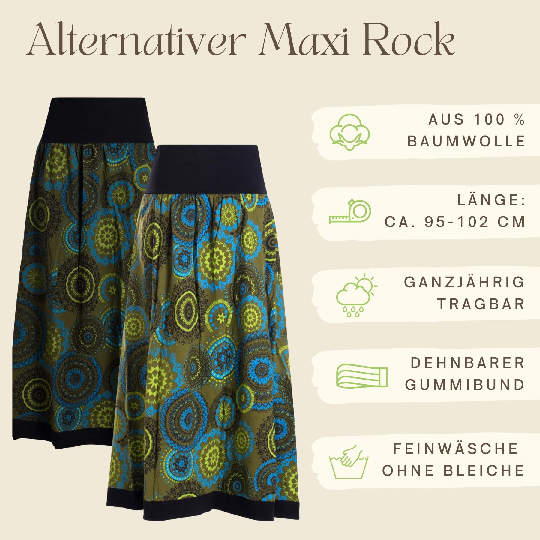 Vishes Langer Damen Herbstrock mit Mandalas I Handgefertigt aus 100% Baumwolle I Rock mit breitem Bund I Für warme & kalte Monate I Nachhaltige Alternative Bekleidung