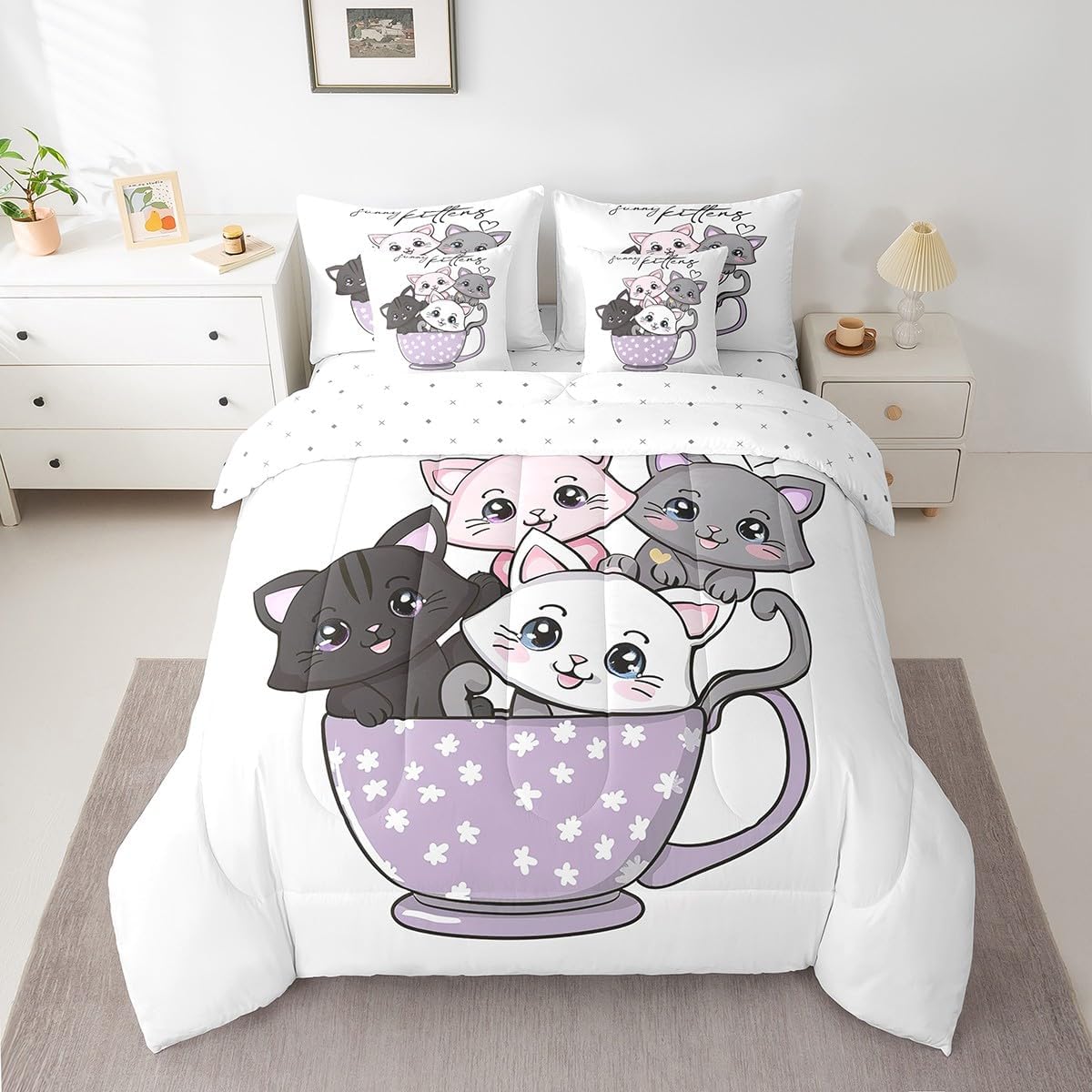 Erosebridal Girls Kitten King Comforter Set 7 Piece,Kids Cute Cats Bed in A Bag with Sheet Set Funny Kawaii Cat Bedding Set Flower Animal Reversible Bed Set with Pillow Covers