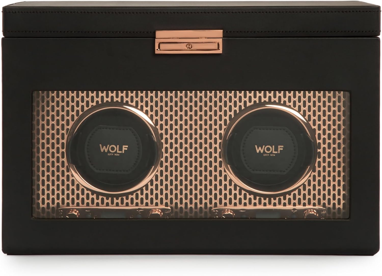 Wolf Axis Watch Winder with Storage - Secure Fit with Patented Lock-in Dynamic Cuff - Accommodates All Wrist Sizes - Vegan Leather - Includes Universal Adapter