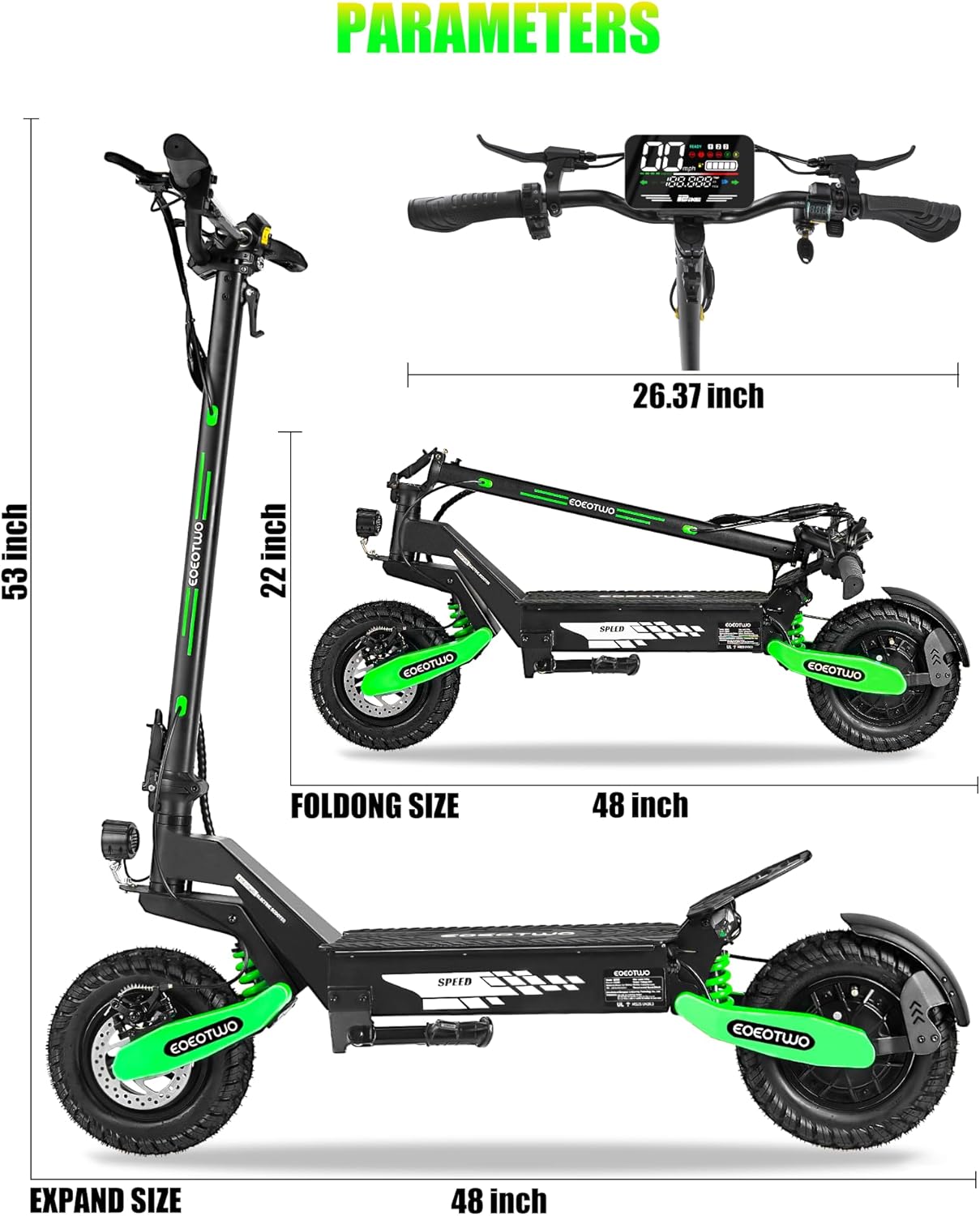 EOEOTWO Electric Scooter GT06 Expanded and Folded Dimensions