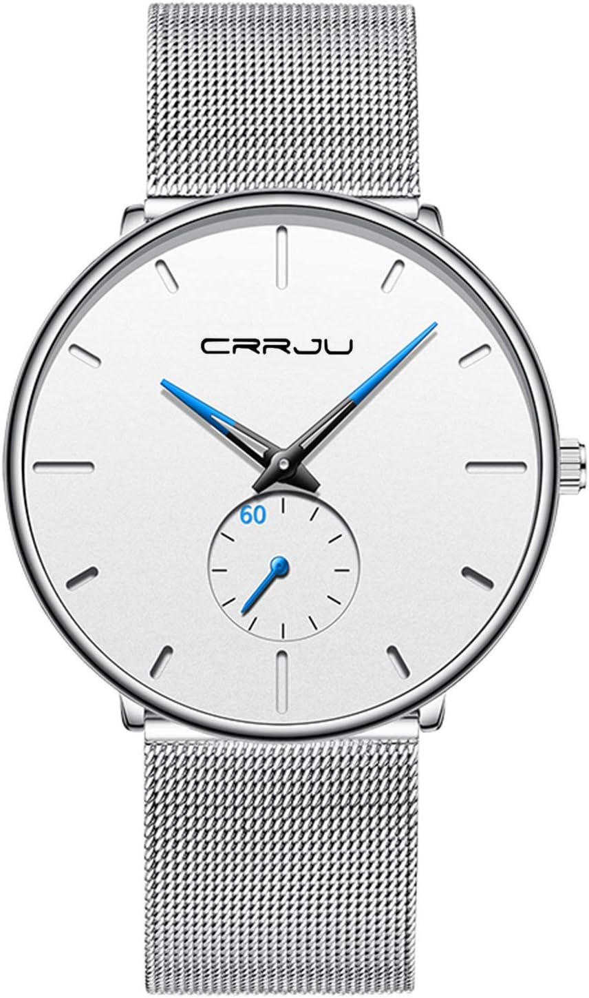 FIZILI Mens Watches Ultra-Thin Minimalist Waterproof-Fashion Wrist Watch for Men Unisex Dress with Stainless Steel Mesh Band-White Face Blue Hands