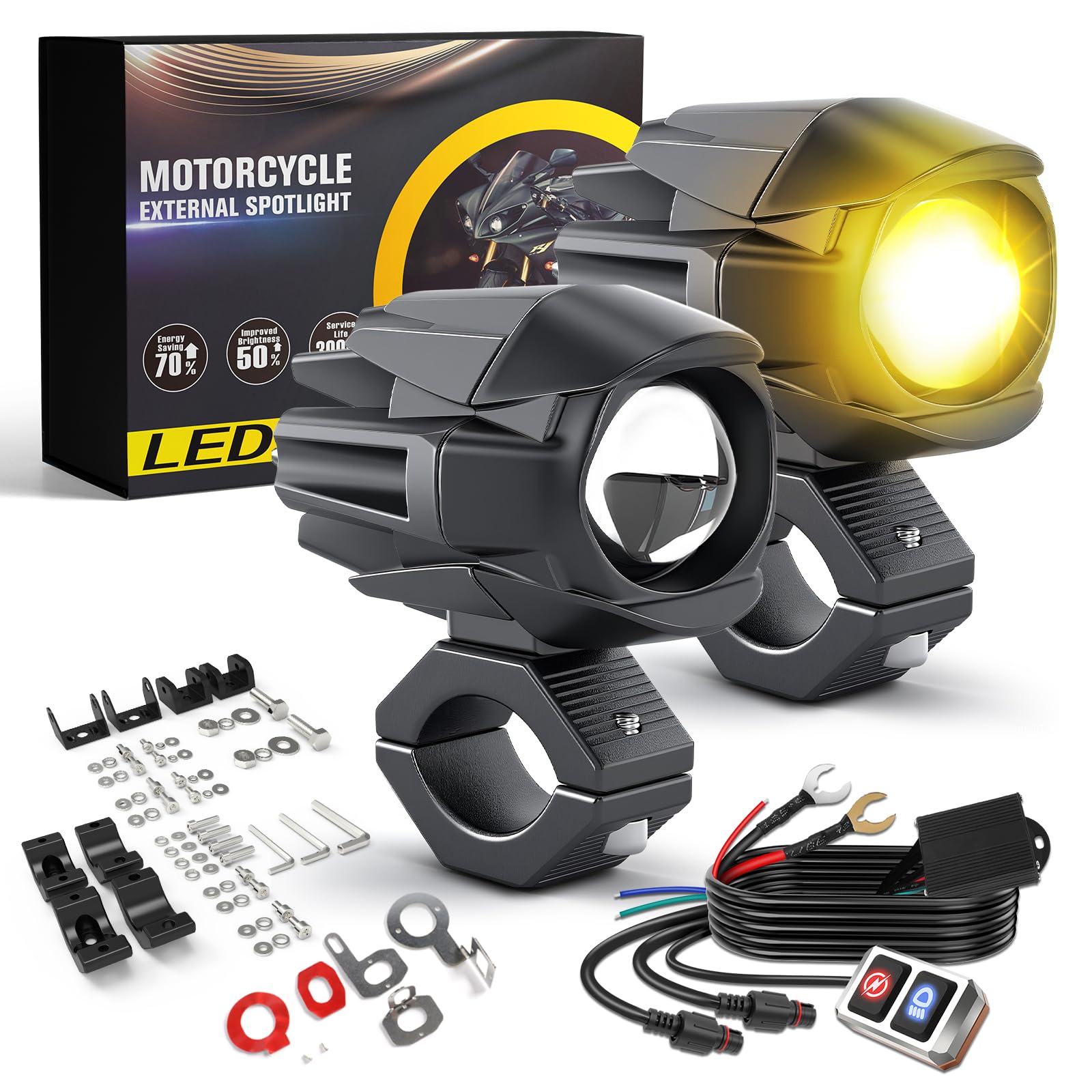 BraveWAY 60W 18000LM Feux Additionnels Moto Phare Améliorée LED Auxiliaire Antibrouillard Blanc Ambre Étanche 9 Modes Stroboscopiques Kit de Faisceau de Câblage Plug and Play et 2 Supports de Montage