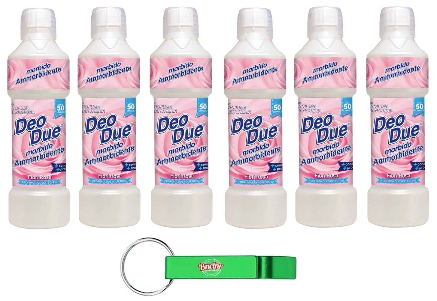 6x DEO DUE Ammorbidente Morbido Concentrato Fiori Rosa, ideale per tutti i capi,50 lavaggi 1Lt + Portachiavi Beni Culinari in Omaggio