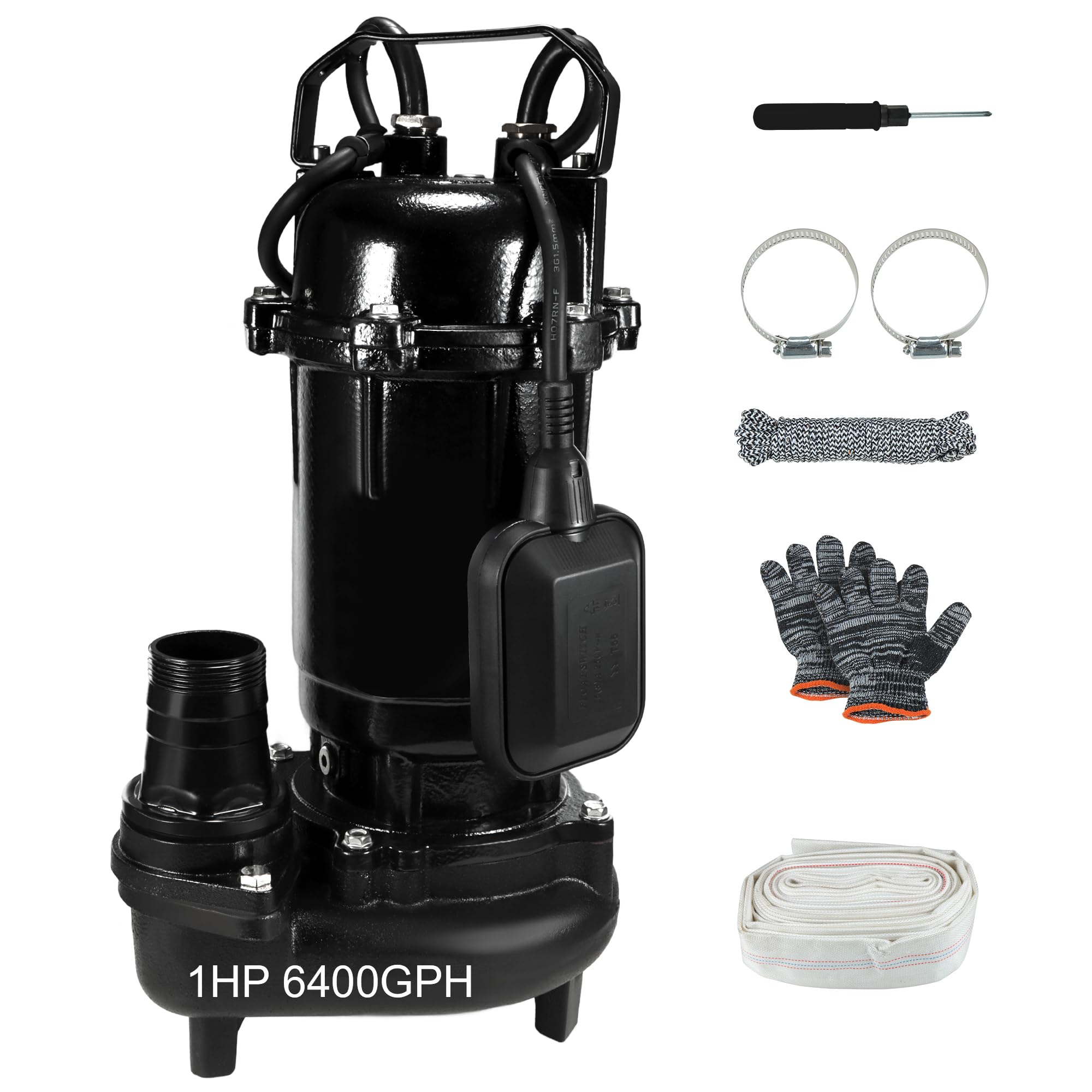 1HP Sewage Effluent Grinder Pump, Submersible Sump Pump, 110V 6300GPH