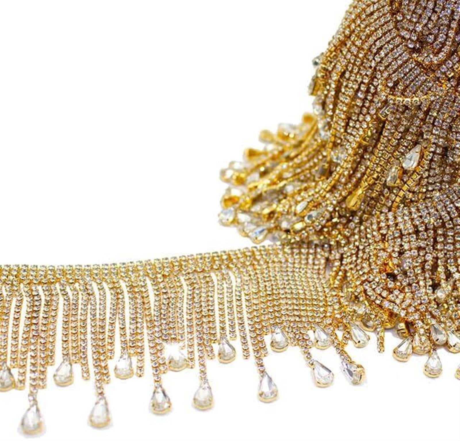 Nappe da Cucire, 2 Metri Fai Te in Vetro con Strass a Goccia Catena di Metallo Cristallo Oro AB Frange Abito Ballo Shinning Guarnizioni (Color : Gold)(Gold)