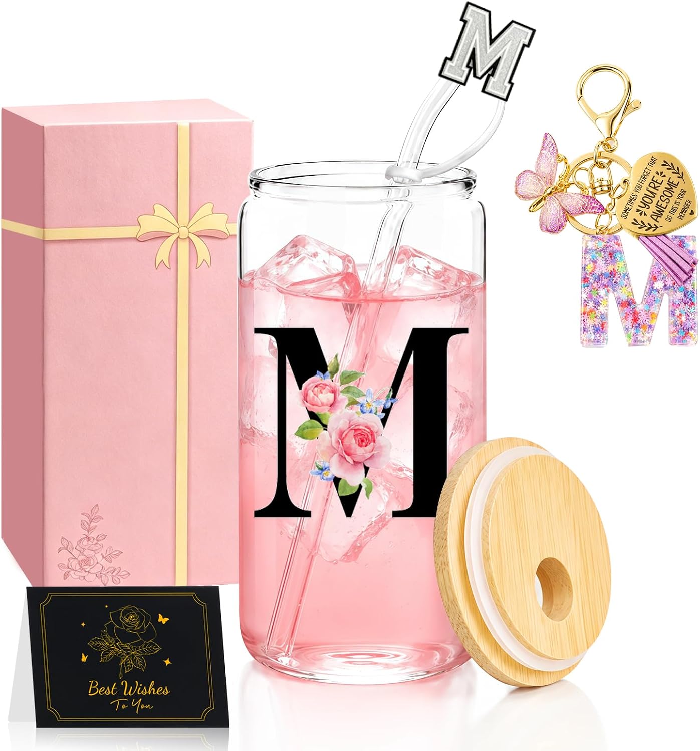 Monogrammed Gifts for Women Initial Glass Cup with Lid and Straw & Initial Letter Keychains, 16oz Iced Coffee Drinking Glass Tumbler,Personalized Tumbler Birthday Gifts for Women Girl Her Mom Friend