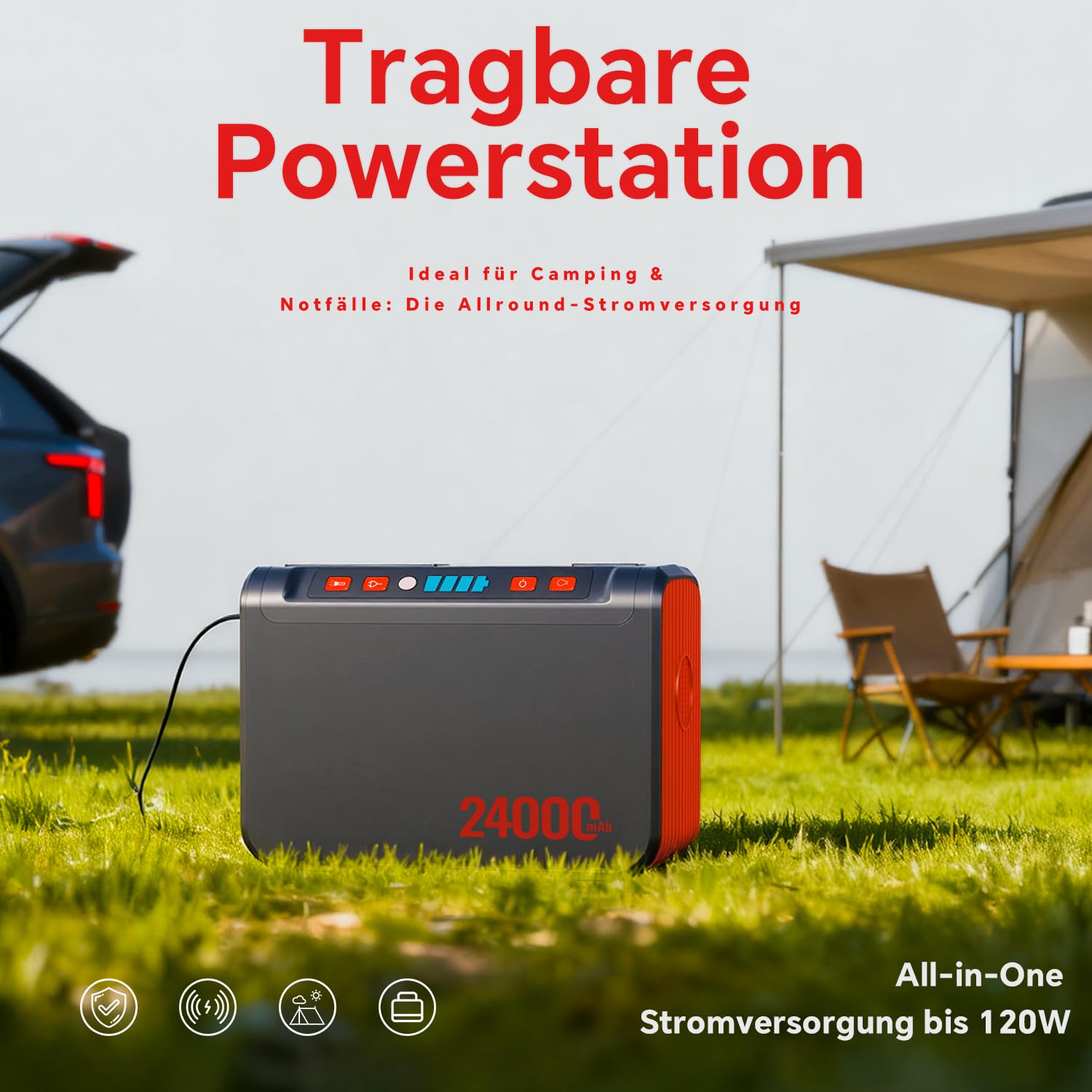 88Wh Tragbare Powerstation 80W Powerbank Akku mit 230V AC Steckdose und LED Taschenlampe Kleiner Generator für Stromausfälle, Camping, Notfälle, Wandern, Reisen