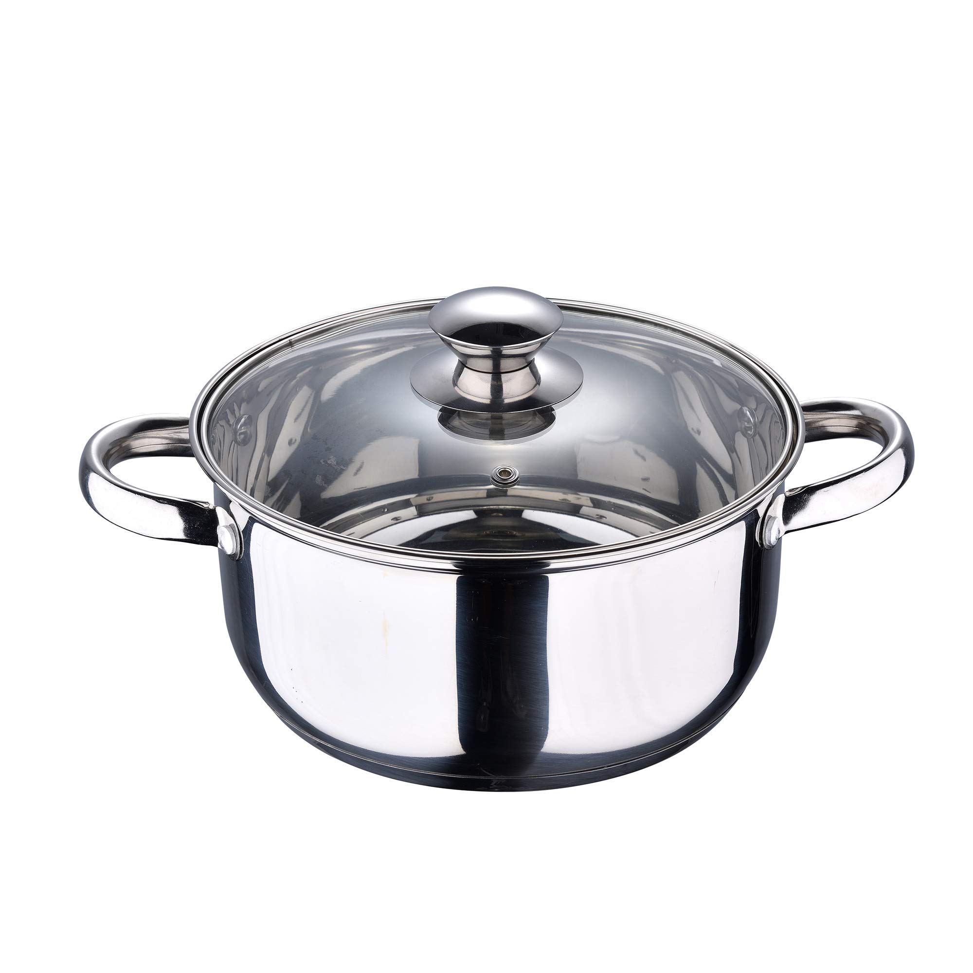 Batería 7 piezas Cazo sin tapa y Cacerolas de 16 cm (1.5L); 18 cm (2.0L) y 20 cm (3.0L) de diametro, acero inoxidable, inducción + Utensilios 3pcs, mangos decorados efecto martillado