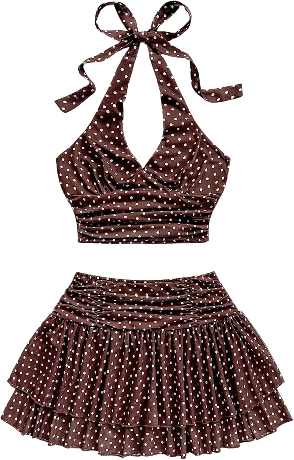 SOLY HUX Women's 2 Piece Beach Vacation Outfits Summer Ruched Halter Crop Top and Ruffle Mini Skirt Set