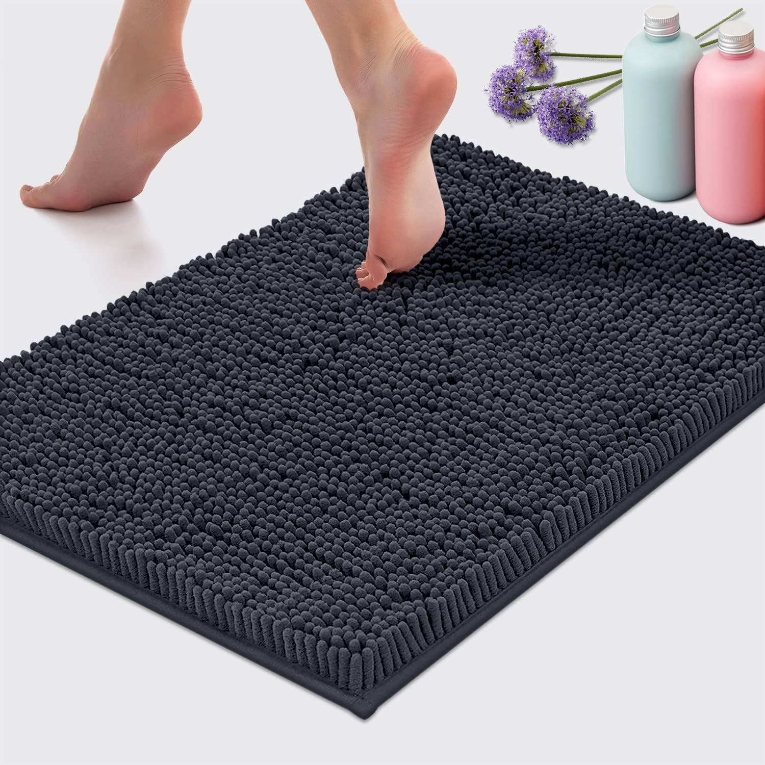 LuxUrux Charcoal Chic Bathroom Ensemble: Shaggy Absorbent Bath Mat, U-Shaped Contoured Rug, and Plush Toilet Lid Cover Set