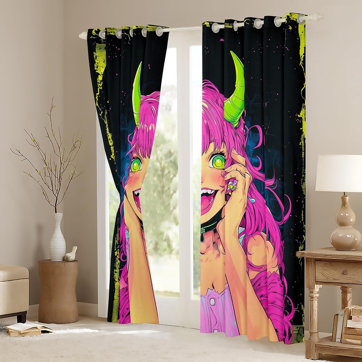 Erosebridal Anime Girl Curtains 2 Panels 42" Wx63 L, Japanese Anime Blackout Curtains for Kids Boys Teens, Cartoon Girl Window Treatments Kawaii Japanese Animation Bedroom Decor image 4