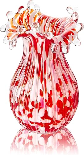 Hand Blown Glass Vase for Flowers, 8 Inch Red Crystal Bubble Flower Vases | Crystal Vase for Bouquet Home Decor Decorative Centerpieces, Unique Gift for Mom, Her, Lover