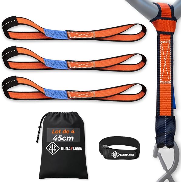 RUNAFLAMA - Sangle Arrimage Moto Remorque - Petite Sangle Moto pour Anneau Arrimage, Guidon et Cadre - Résistance 2400 kgf - Lot de 4 en 45 cm Orange avec Sac + Bande Auto-Agrippante - 1