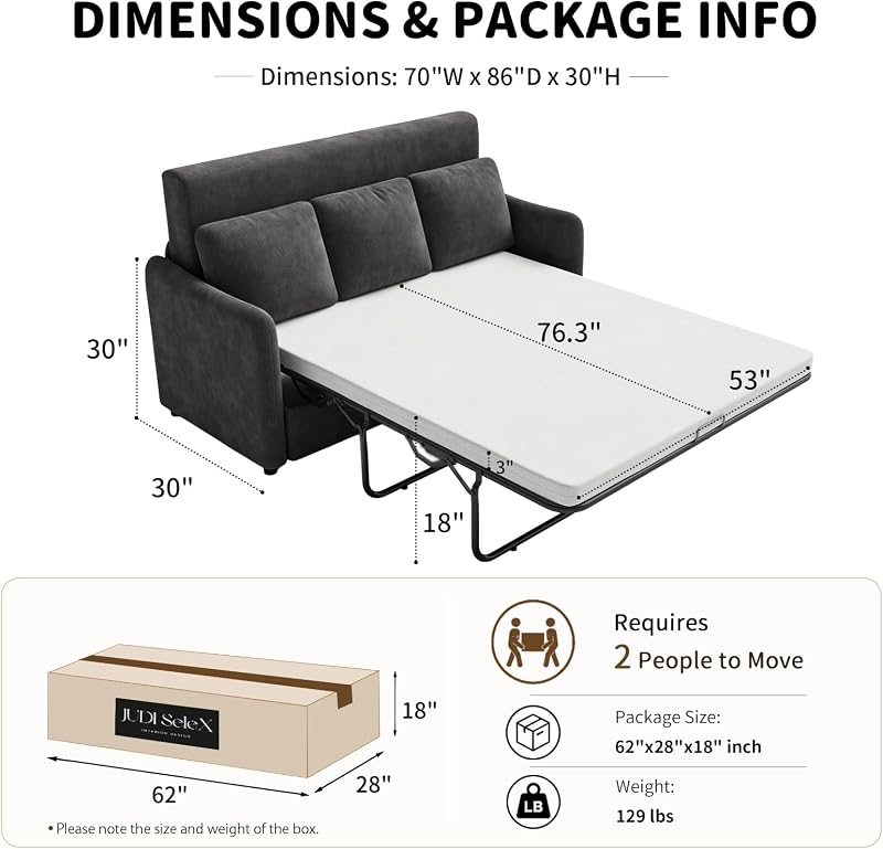 SWANNICO Sleeper Sofa 70" Loveseat with Pull Out Bed (Mattress Included) image 3