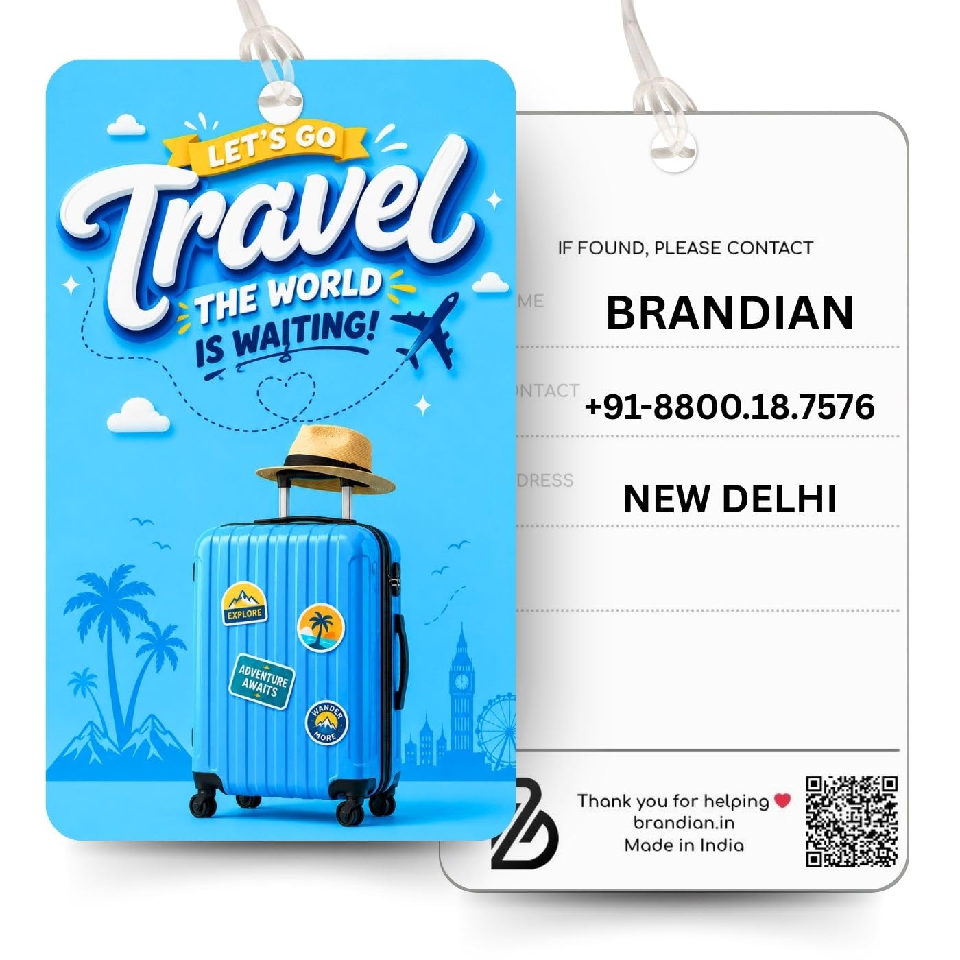 Brandian | Pack of 1 | Durable PVC Luggage Tag for Flights & Travel Bags | Size 8.6 x 5.4 cm | Waterproof Bag Tag with Loop