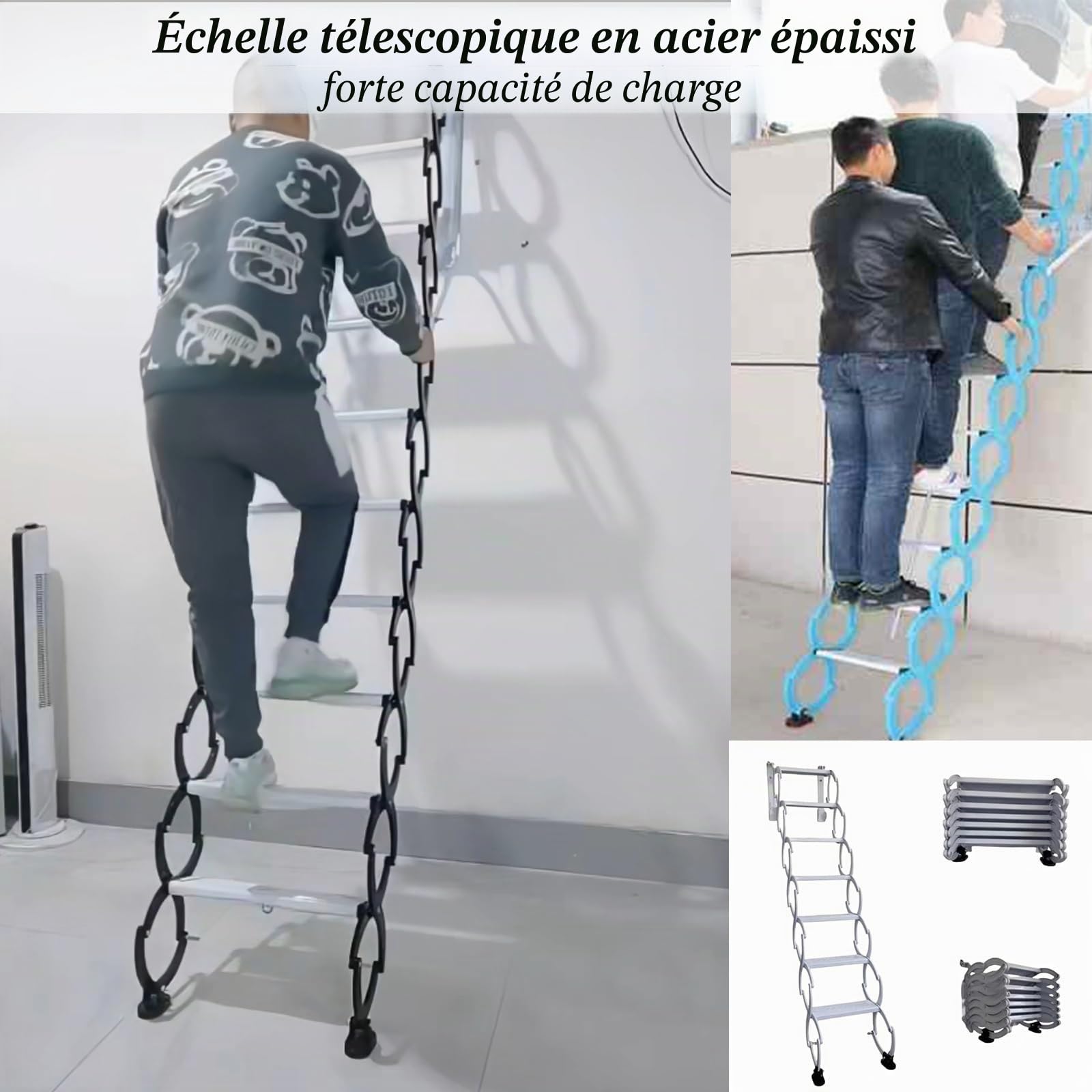 Escalier Pliant Mural, échelle escamotable Pliable pour Grenier avec pédales élargies, échelle télescopique pour Grenier d'extérieur avec système d'abaissement(H280CM/110IN)