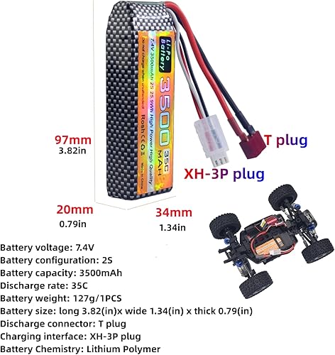 Miniatura 2 de sea jump Batería Lipo de 7.4 V 3500 mAh 35C 2S con enchufe T y cable de carga USB adecuado para MJX H16P H16E H16GT H16BM H16PL 14301 RC Car de alta