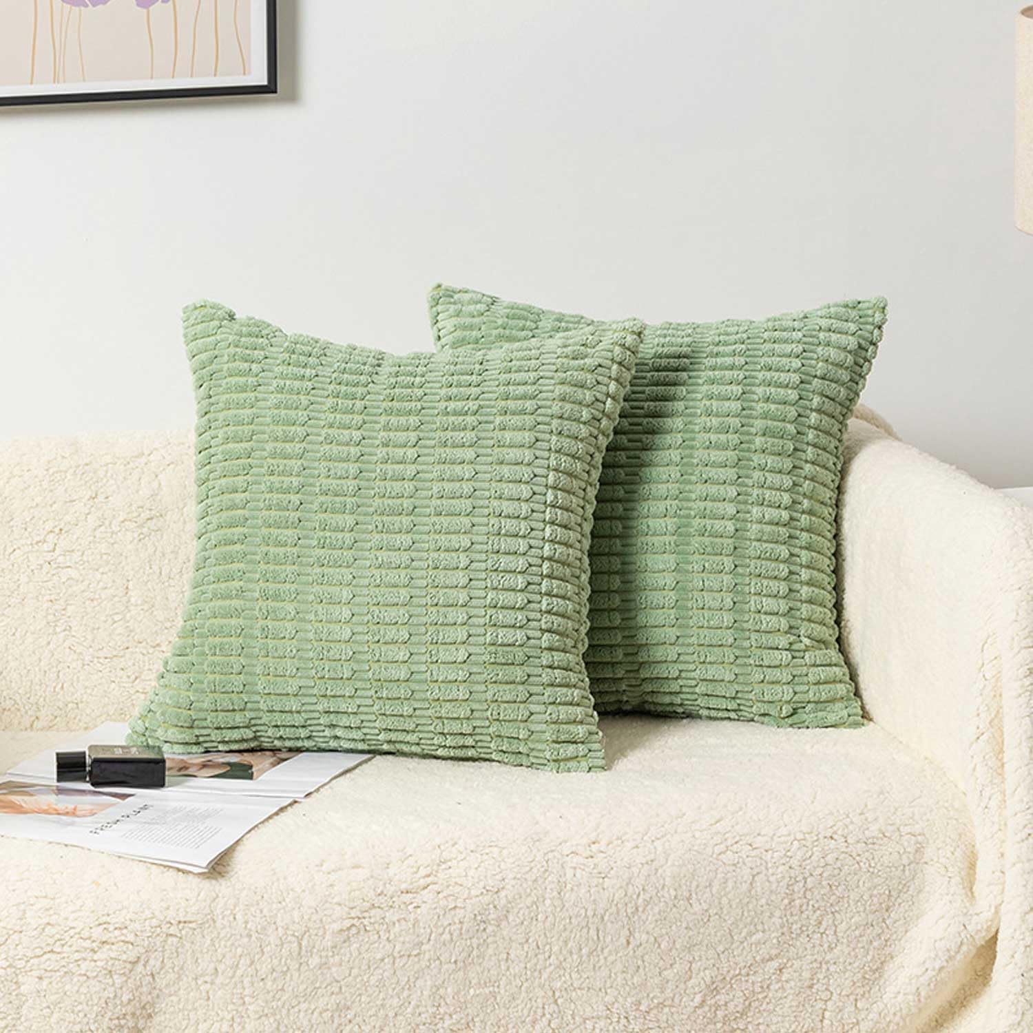 Sage green Cushion Covers 45cm x 45cm,Corduroy Decorative Fluffy Pillows Cases,Cushions Cover 17.7x17.7 inches with Invisible Zipper for Sofa Bed Livingroom Bedroom,Pack of 2 (Green)