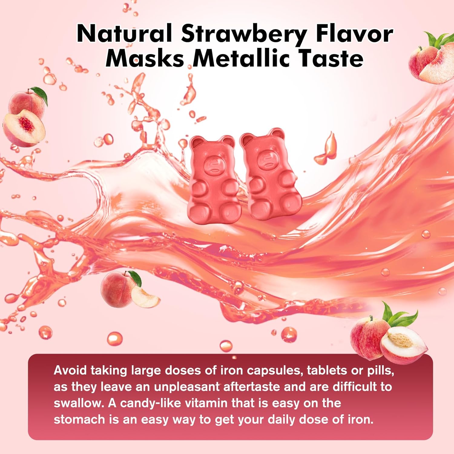 Iron Supplement for Women & Men Gummies, Multivitamin Blood Builder Iron Supplement with Folate Vitamin C B12 B6 Zinc for Adults & Kids - Energy Support - Peach Flavor, Vegan 60 Gummies - Image 7