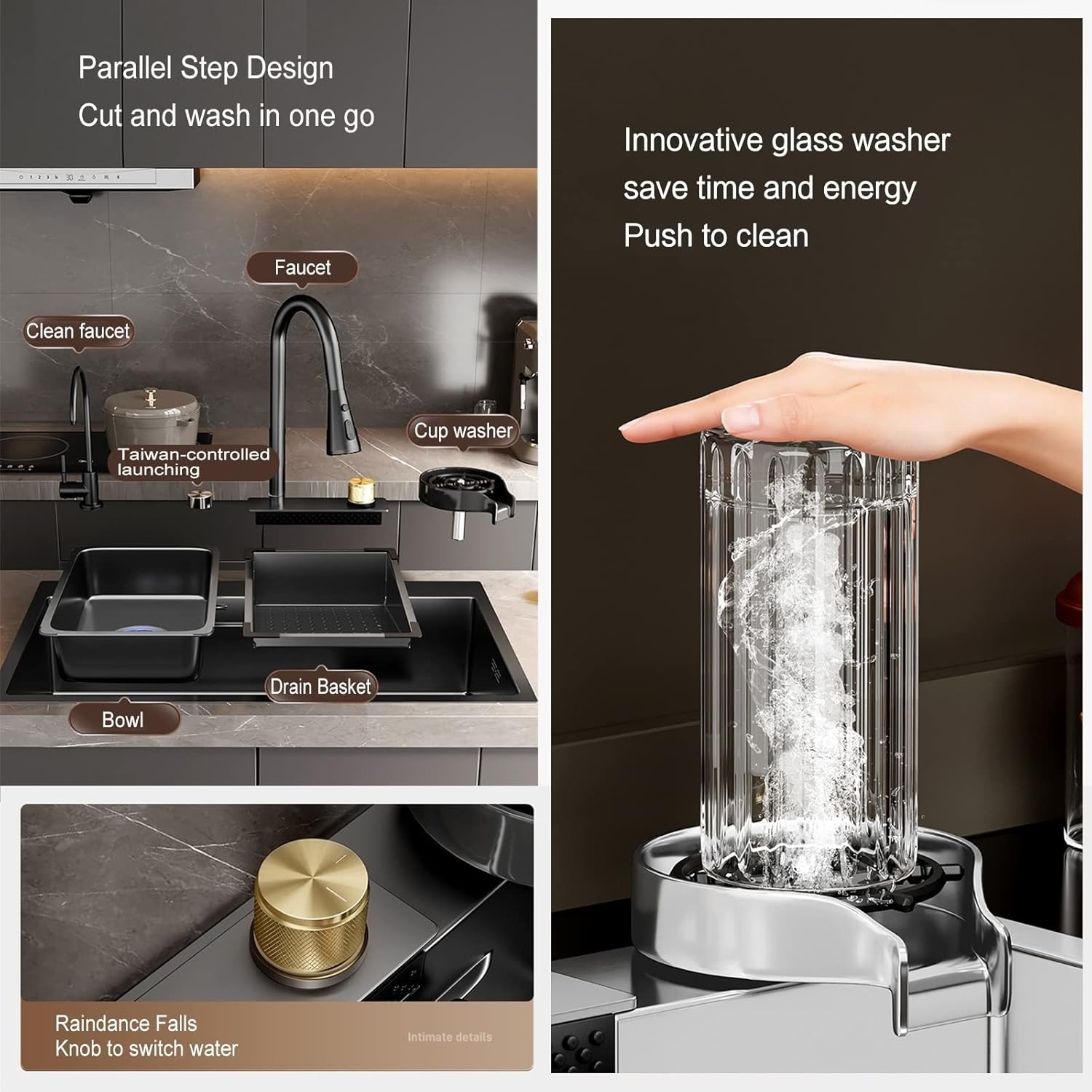 Black Nano Raindance Waterfall Kitchen Sink Stainless Steel Farmhouse Single Bowl Utility Sinks for a Laundry Room, Countertop Sink with Glass Cup Bottle Washer, Drop-in Or Undermount Installation