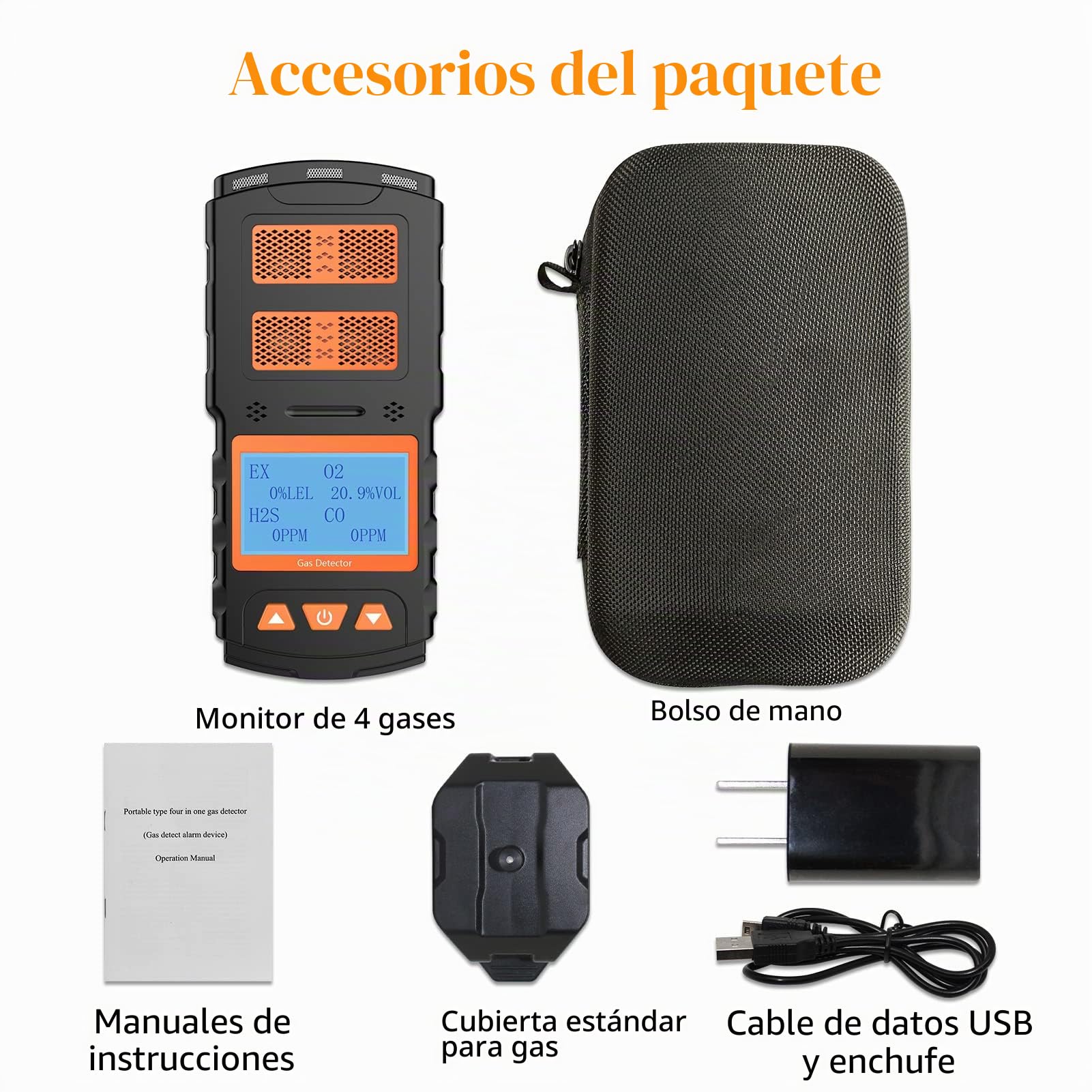 Detector de Gas, Recargable 4 Monitor de Gas H2S CO O2 EX con Pantalla LCD Digital, Alarma de Vibración de Luz de Sonido, Personal 4 en 1 Medidor de Gases Múltiples