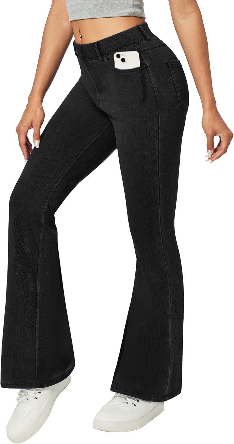 Heathyoga Stretchy Bell Bottom Jeans for Women Trendy Pull On Bootcut Flare Jean Leggings Jeggings for Women with Pockets