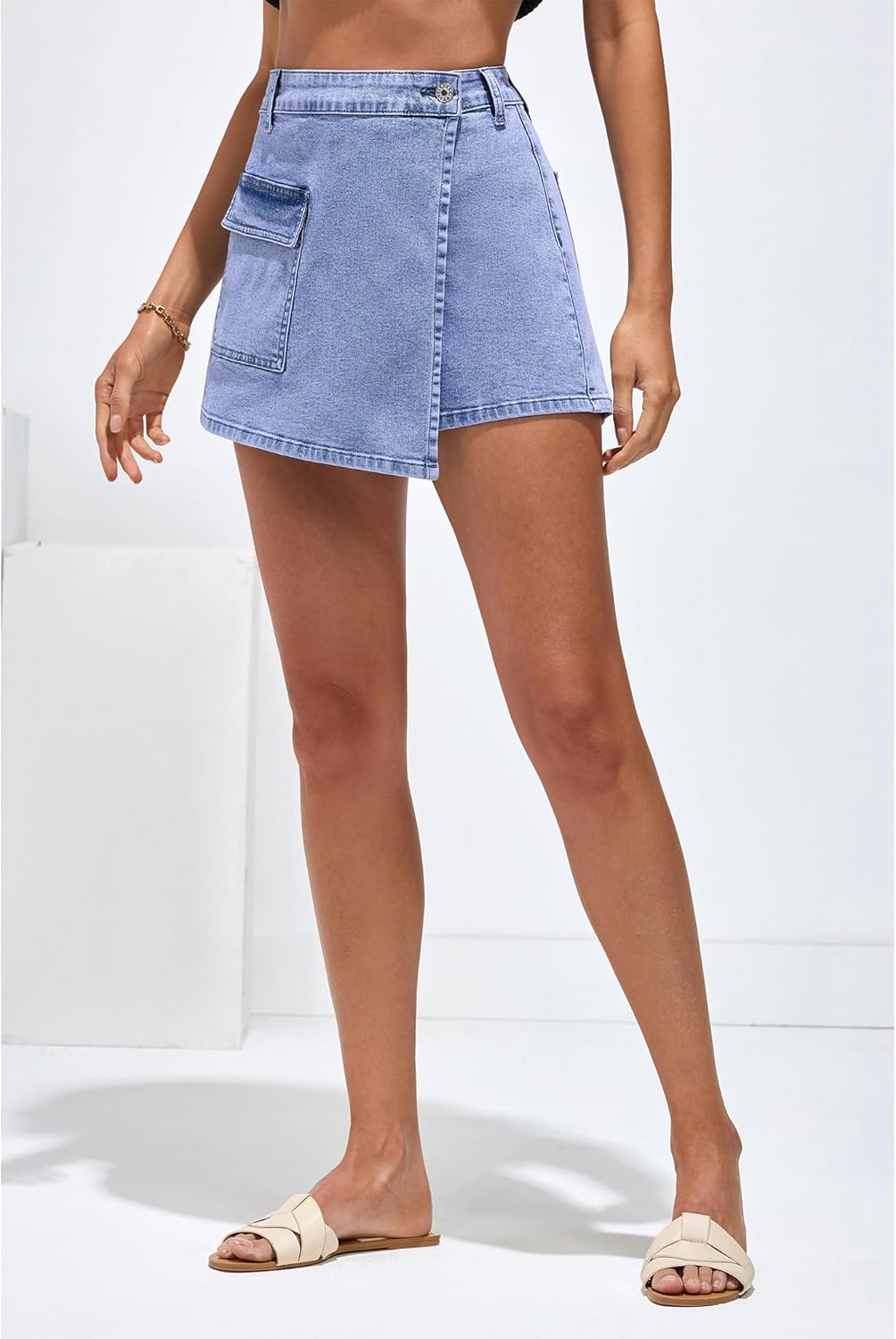 luvamia Denim Skorts for Woman Cargo Faux Wrap Jean Skort Skirts Stretchy High Waisted Skirt Shorts Country Concert Wear