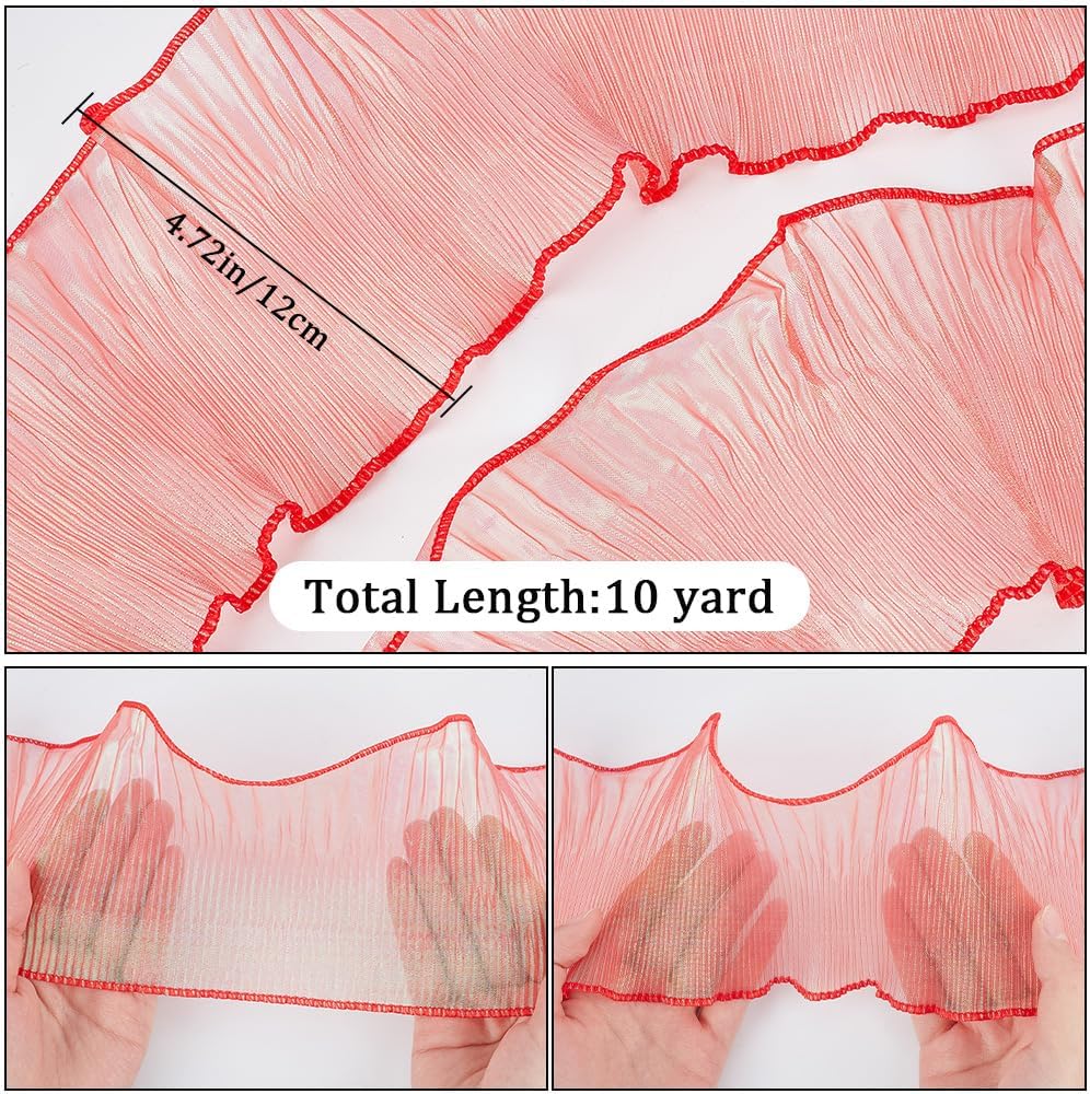 GORGECRAFT 10 Yards 4.72"/12cm Red Organza Ruffled Pleated Lace Fabric Trim Retro Ruffle Pleated Chiffon Trimmings Polyester Border Lace Fabric for DIY Wedding Dress Craft Home Decor