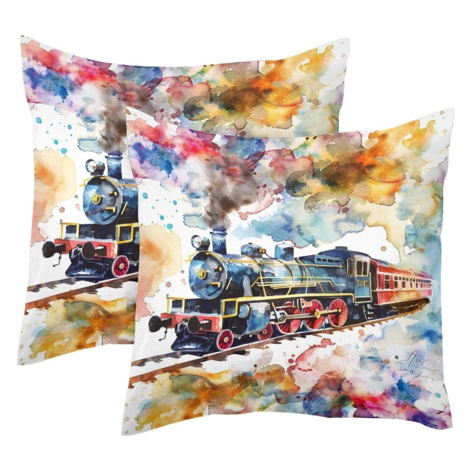 Housses de coussin velours train aquarelle 50x50 canapé moderne