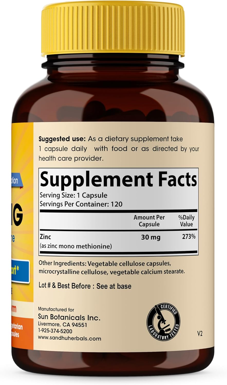 SANDHUHERBALS Zinc 30mg Capsules for Men & Women | 120 Count (Pack of 1) | Zinc Supplements for Immune & Antioxidant Support | Zink 30 mg Supplement Supports Skin Health - Image 3