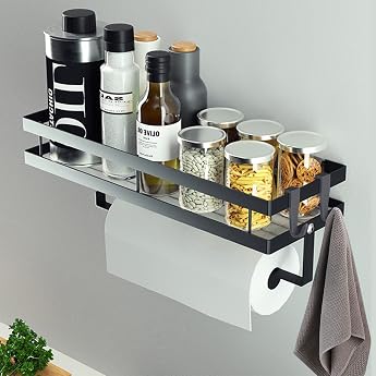 CZKDTT Spice Rack Kitchen Shelf Wall No Drilling Black with 4 Hooks 35 cm | Hanging kitchen shelf, with kitchen roll holder, 