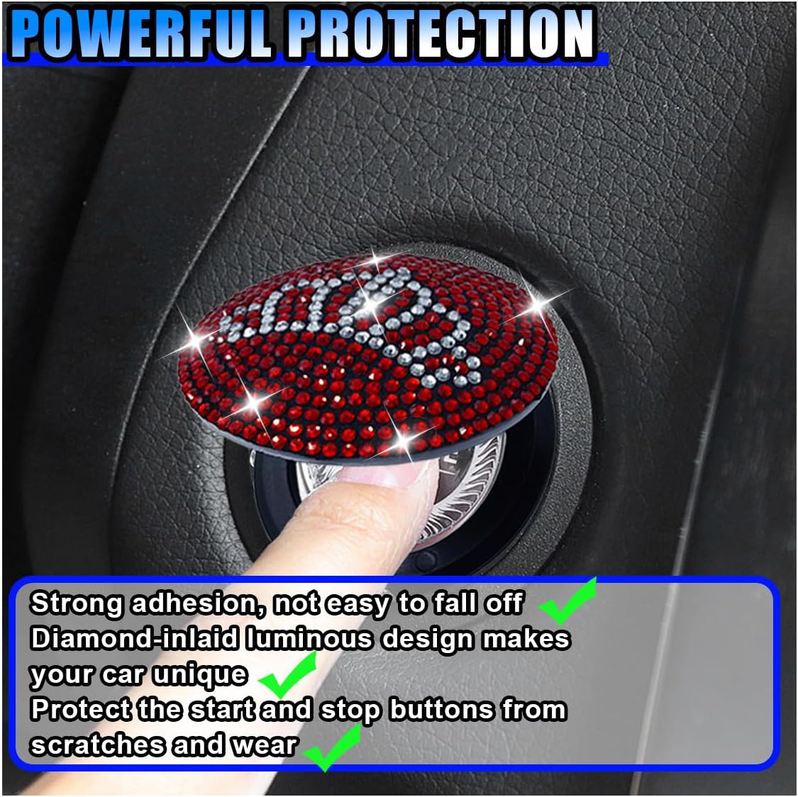 Bling Car Push to Button Cover, Rhinestone Ignition Button Protective Cap, Diamond Engine Start Button Stickers, Universal Car Interior Decor Accessories for Women Girls (Red) image 3